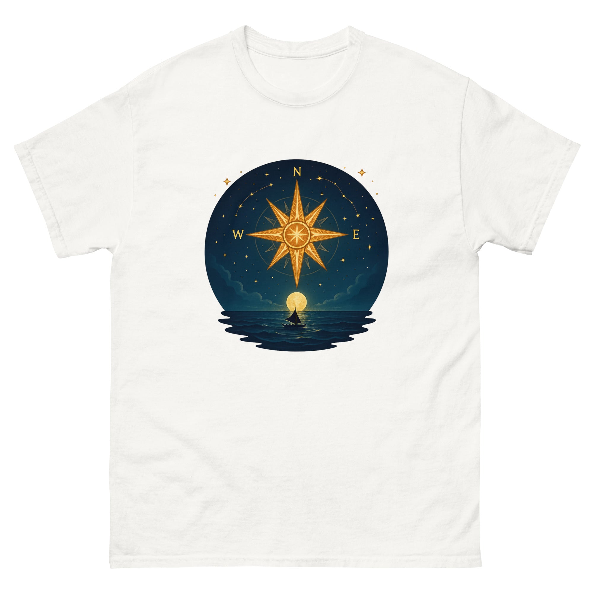 Wayfinding Stars Hawaiian t-shirt design on a White unisex tee