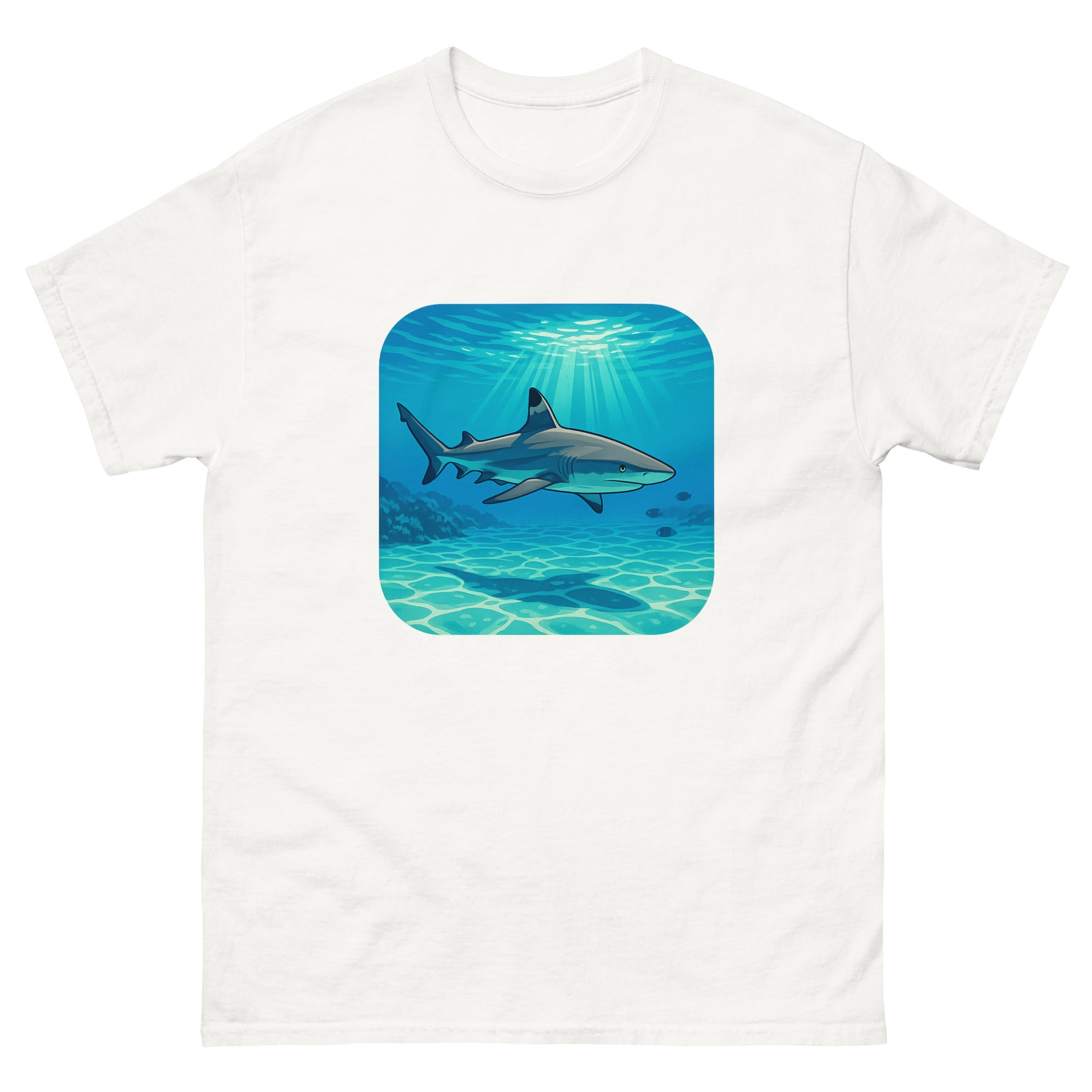 Reef Shark Cruise Hawaiian t-shirt design on a White unisex tee
