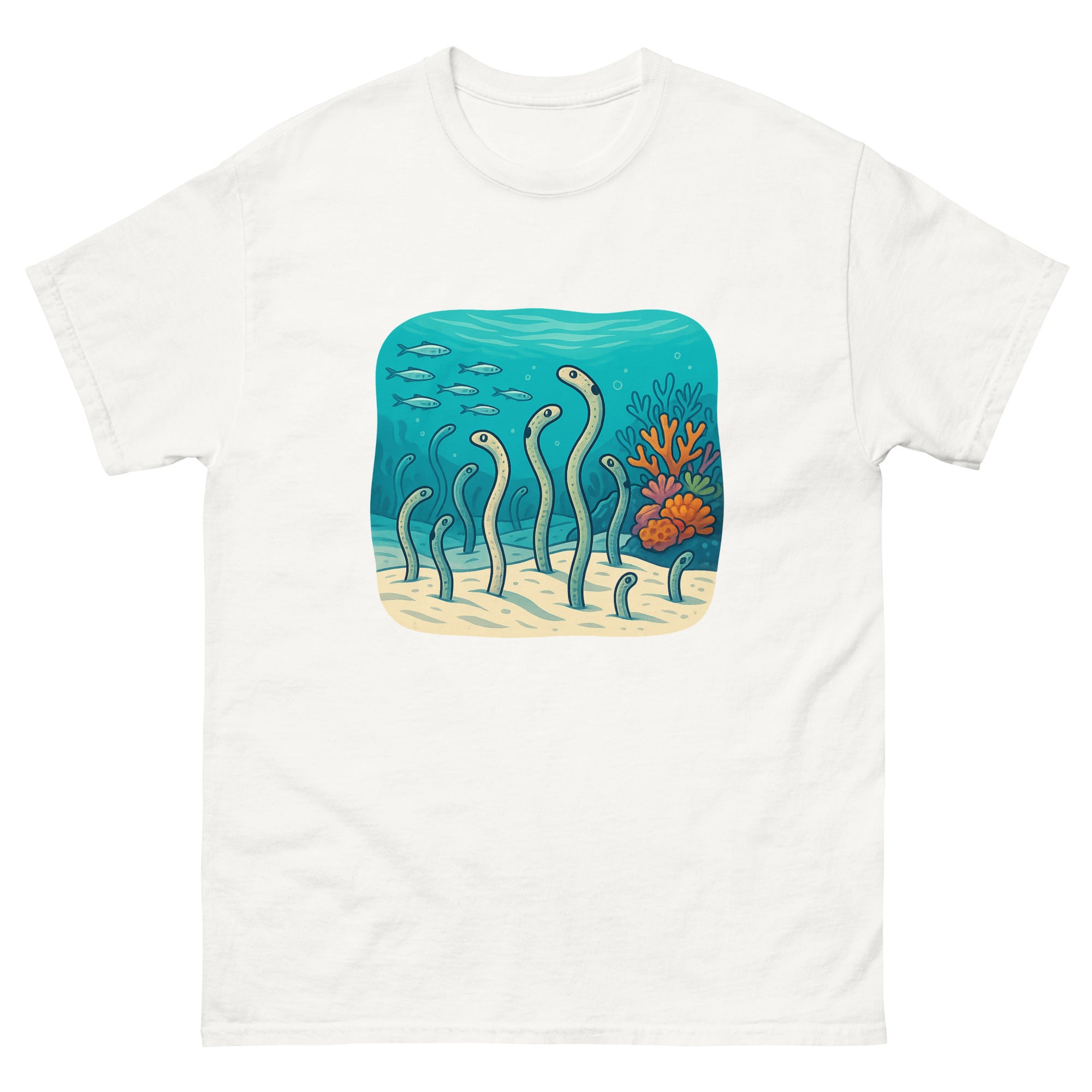 Garden Eels Reef Hawaiian t-shirt design on a White unisex tee