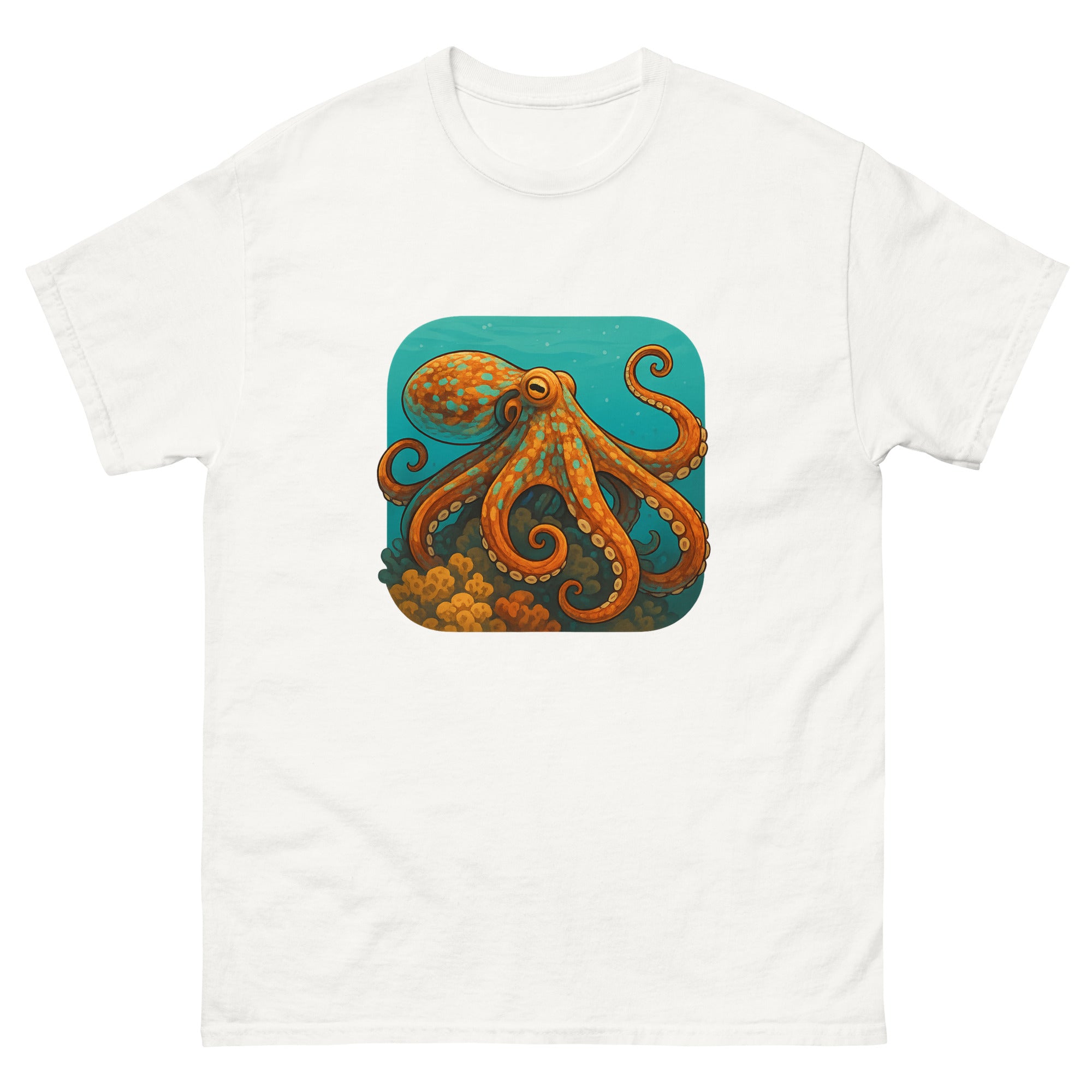 Octopus On The Reef Hawaiian t-shirt design on a White unisex tee