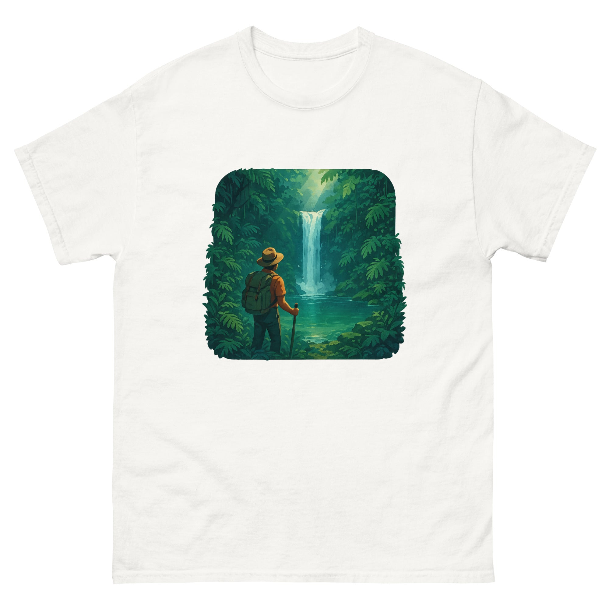 Waterfall Hike Hawaiian t-shirt design on a White unisex tee