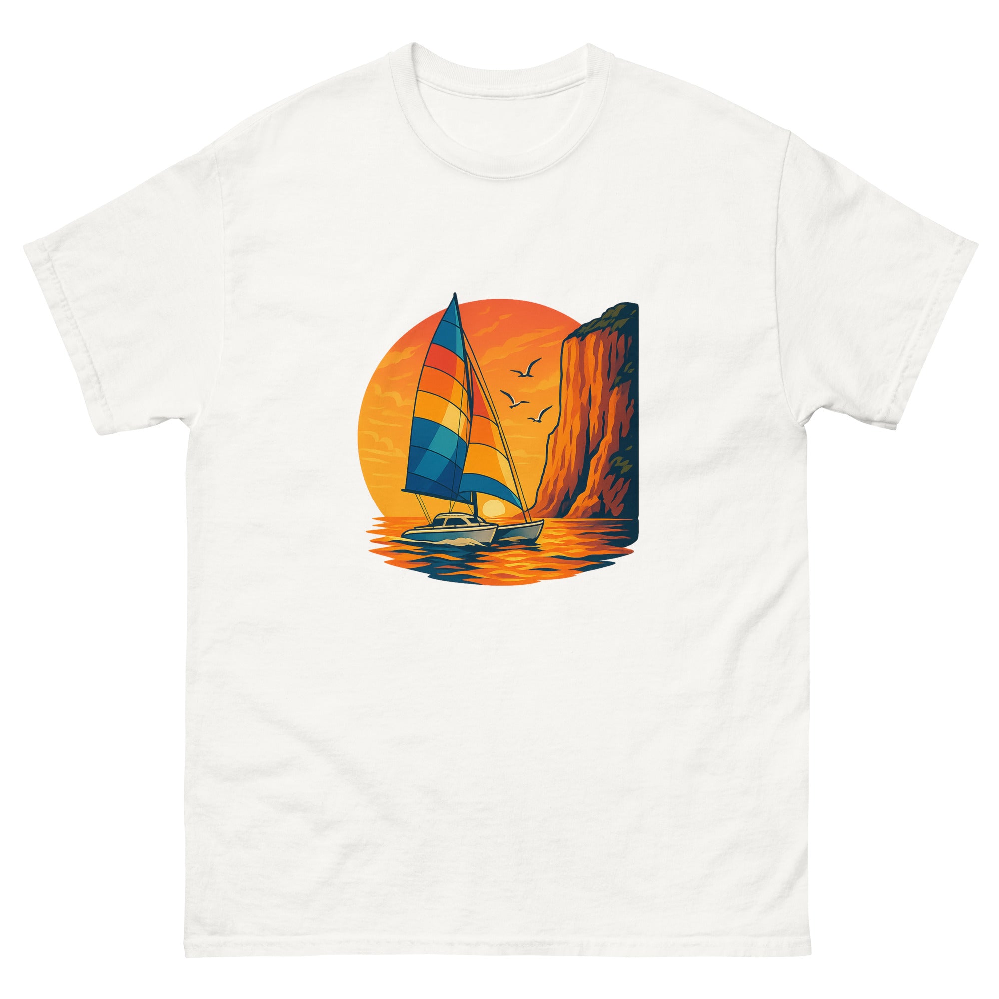 Catamaran Sunset Sail Hawaiian t-shirt design on a White unisex tee