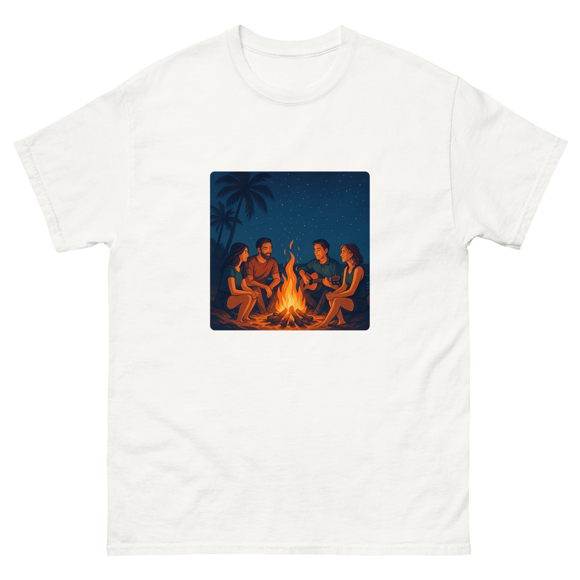 Beach Bonfire Night Hawaiian t-shirt design on a White unisex tee