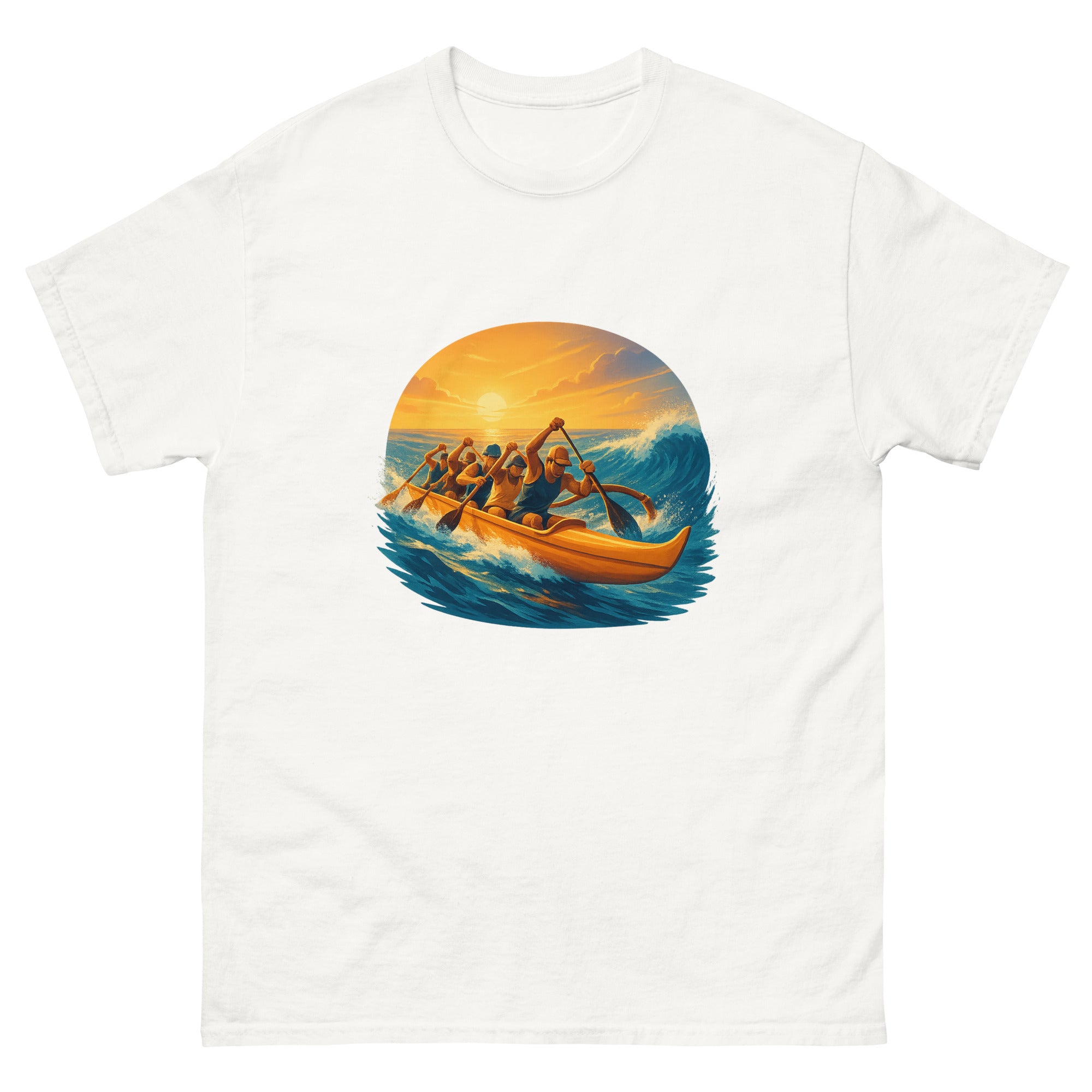 Outrigger Canoe Paddlers Hawaiian t-shirt design on a White unisex tee