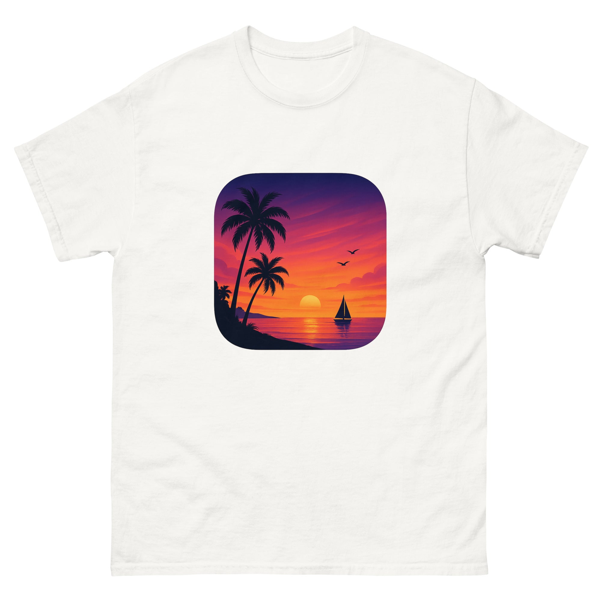 Sunset Palms Panorama Hawaiian t-shirt design on a White unisex tee