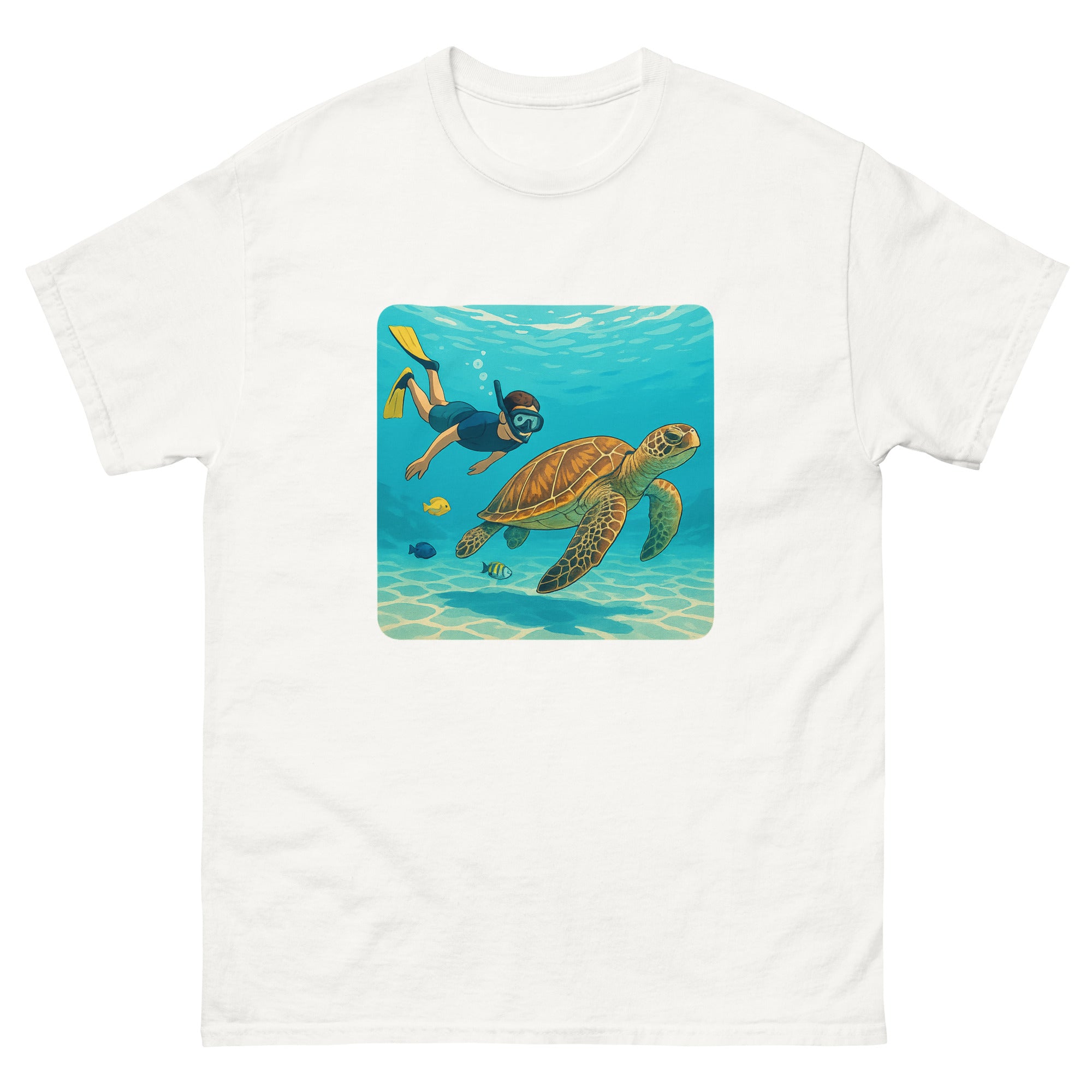 Snorkeler And Turtle Hawaiian t-shirt design on a White unisex tee