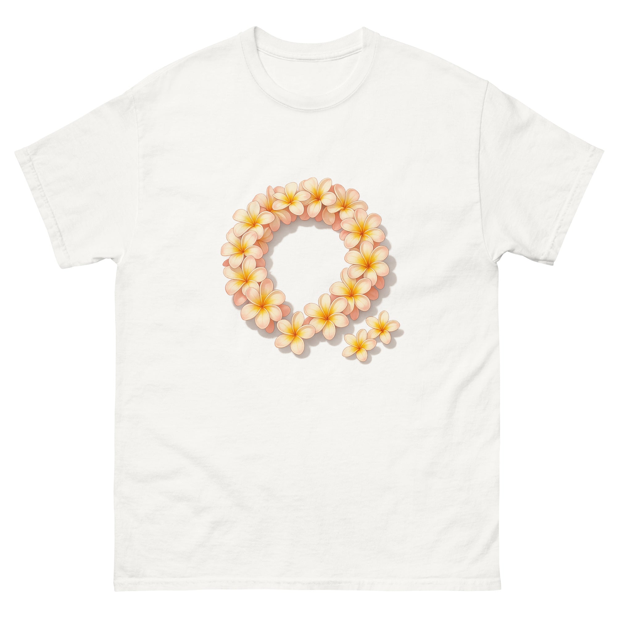 Plumeria Lei Hawaiian t-shirt design on a White unisex tee