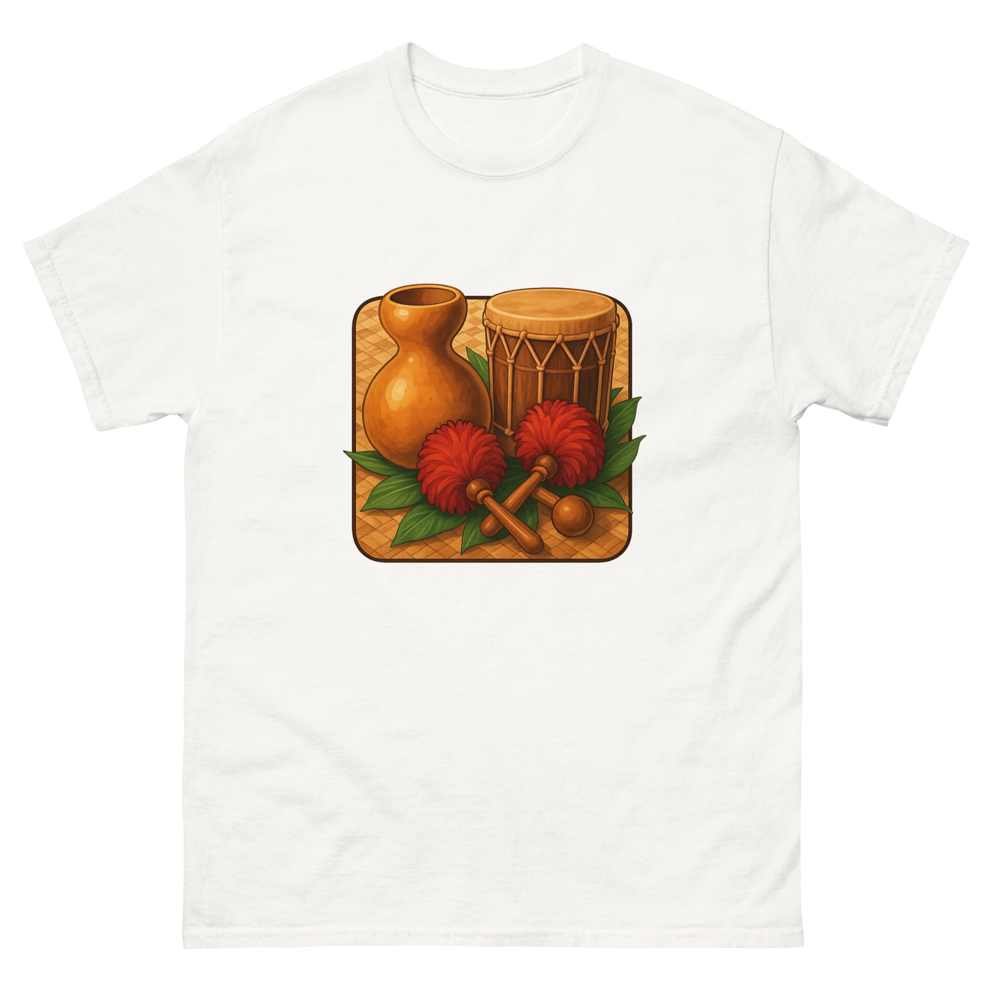 Hula Instruments Hawaiian t-shirt design on a White unisex tee