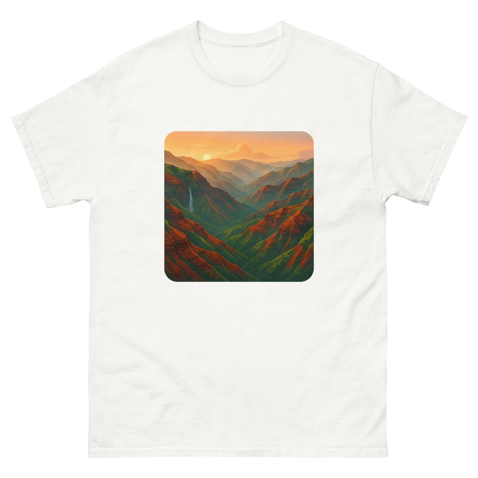 Waimea Canyon Sunrise Hawaiian t-shirt design on a White unisex tee