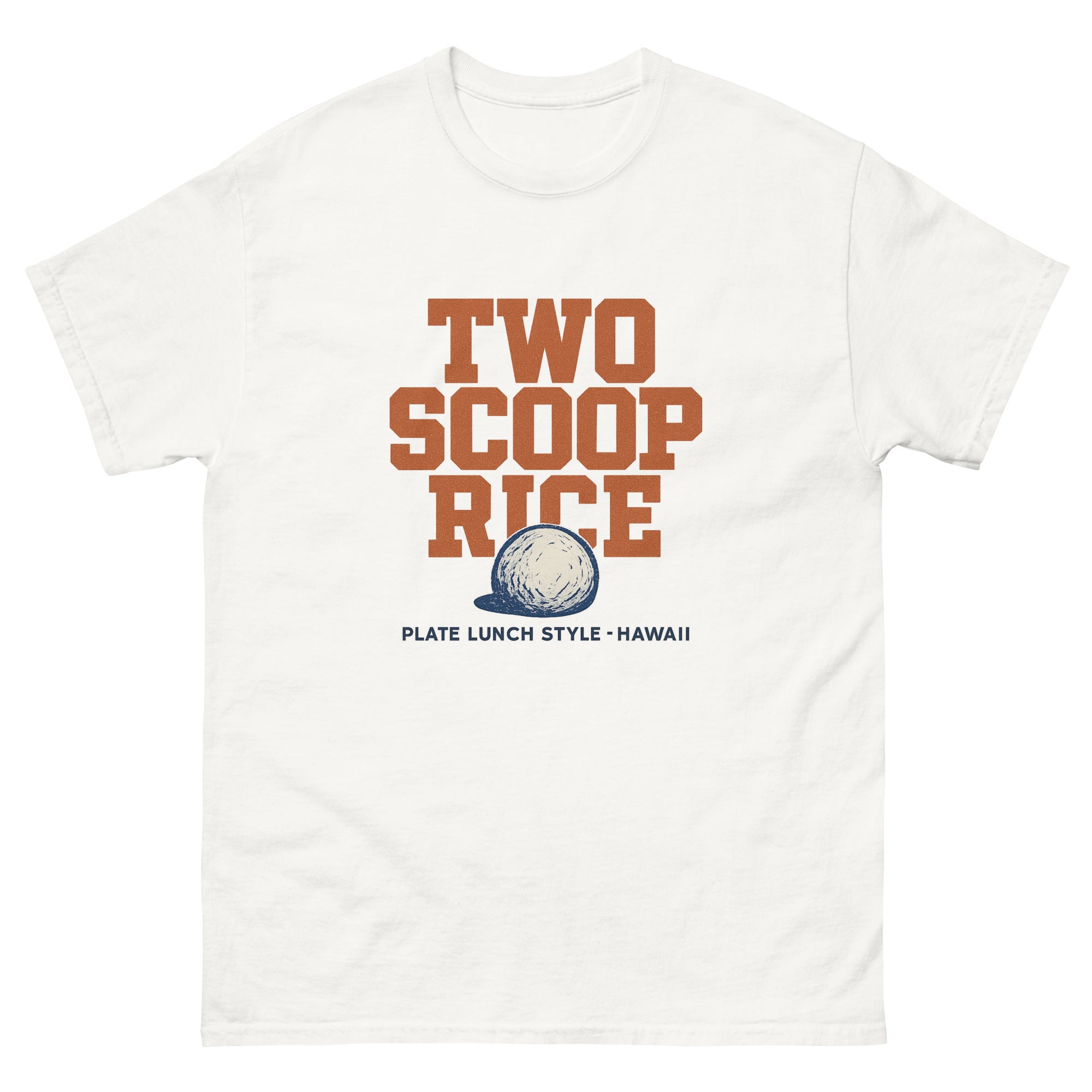 Two Scoop Rice Hawaiian t-shirt design on a White unisex tee