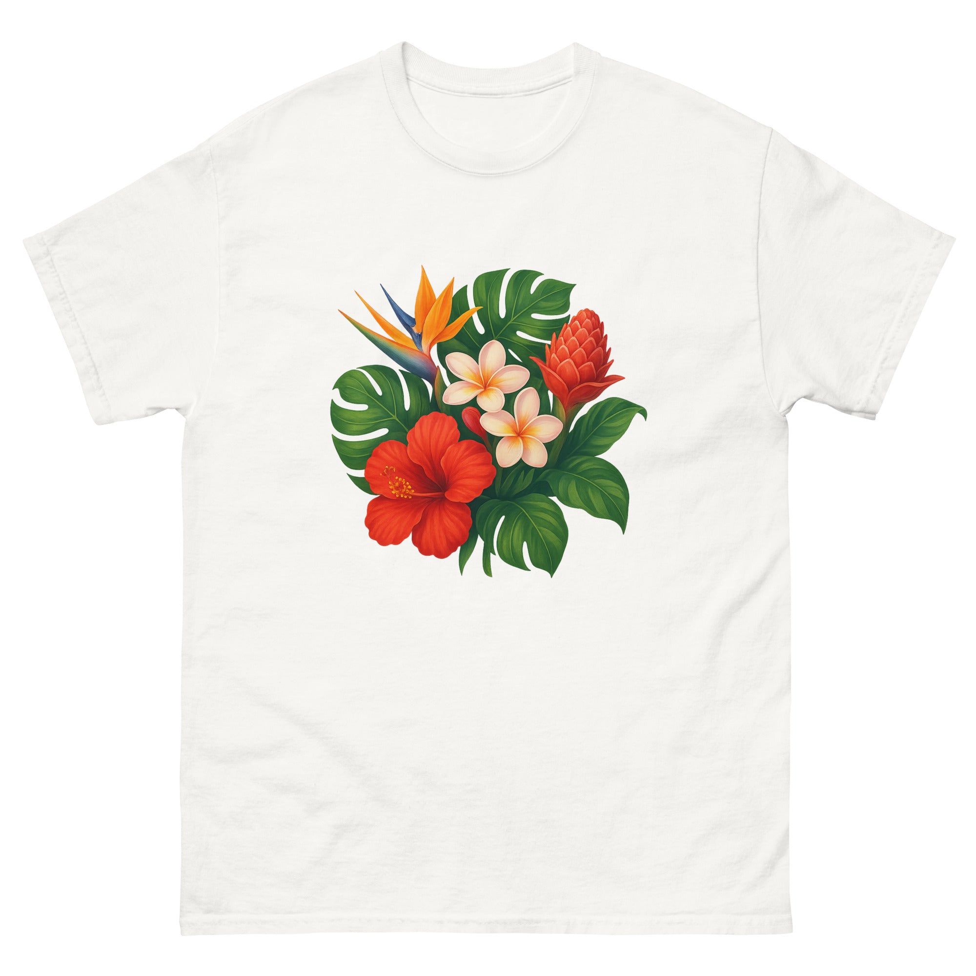 Tropical Flora Bouquet Hawaiian t-shirt design on a White unisex tee