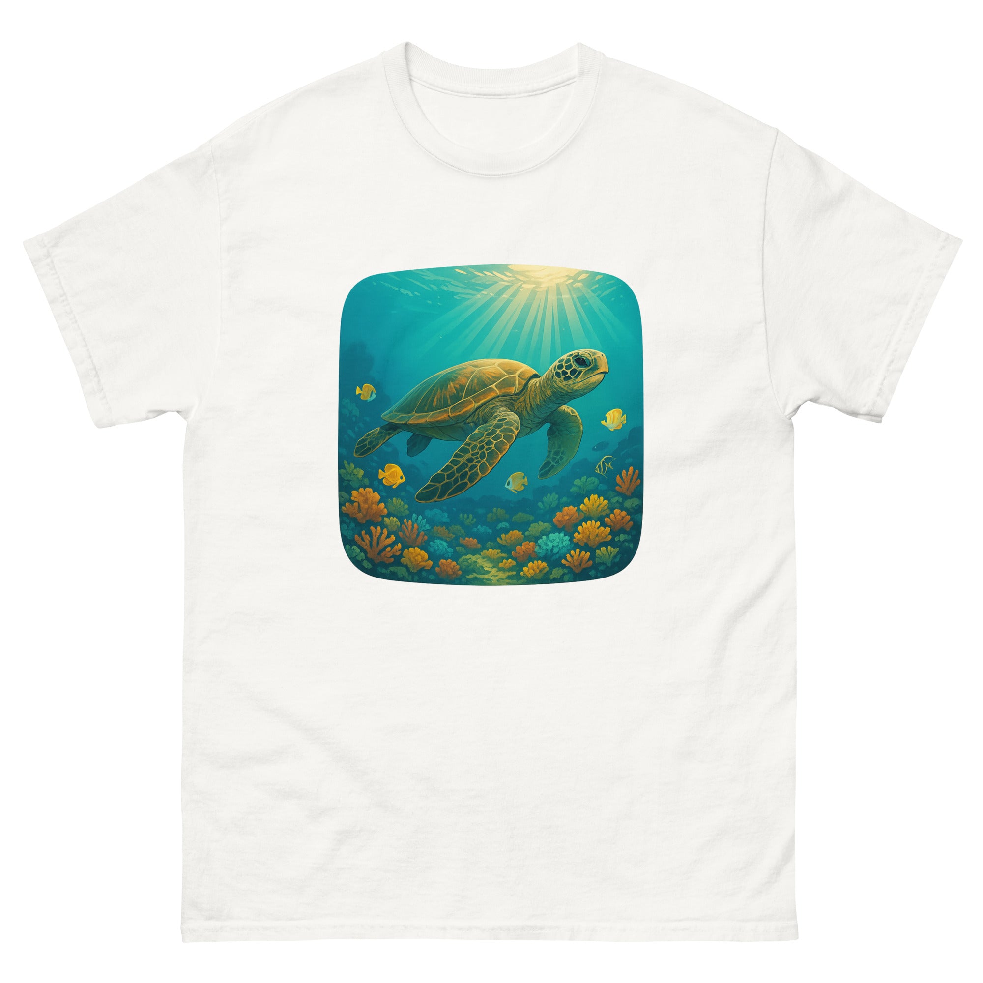 Honu Reef Scene Hawaiian t-shirt design on a White unisex tee