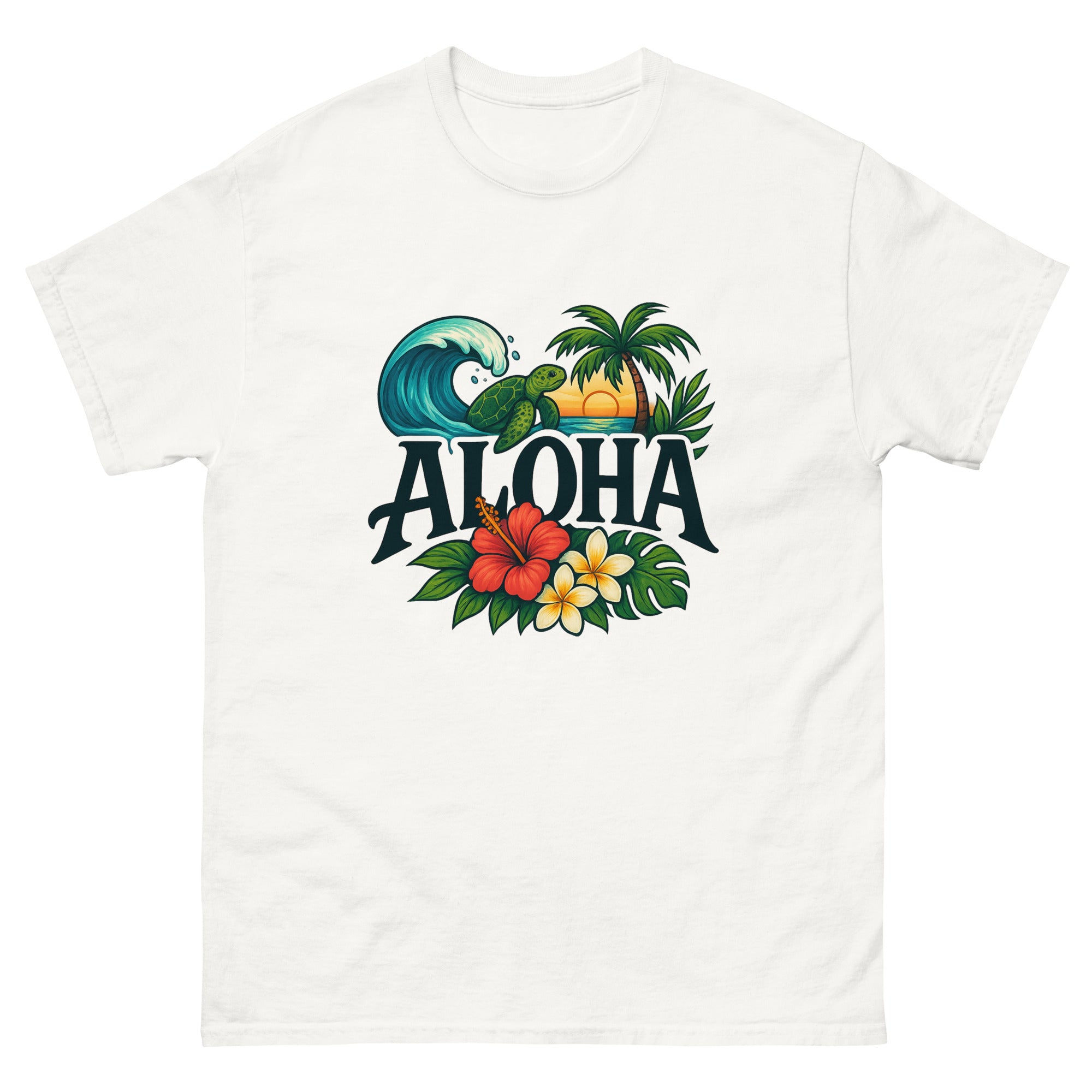Aloha Illustrated Type Hawaiian t-shirt design on a White unisex tee