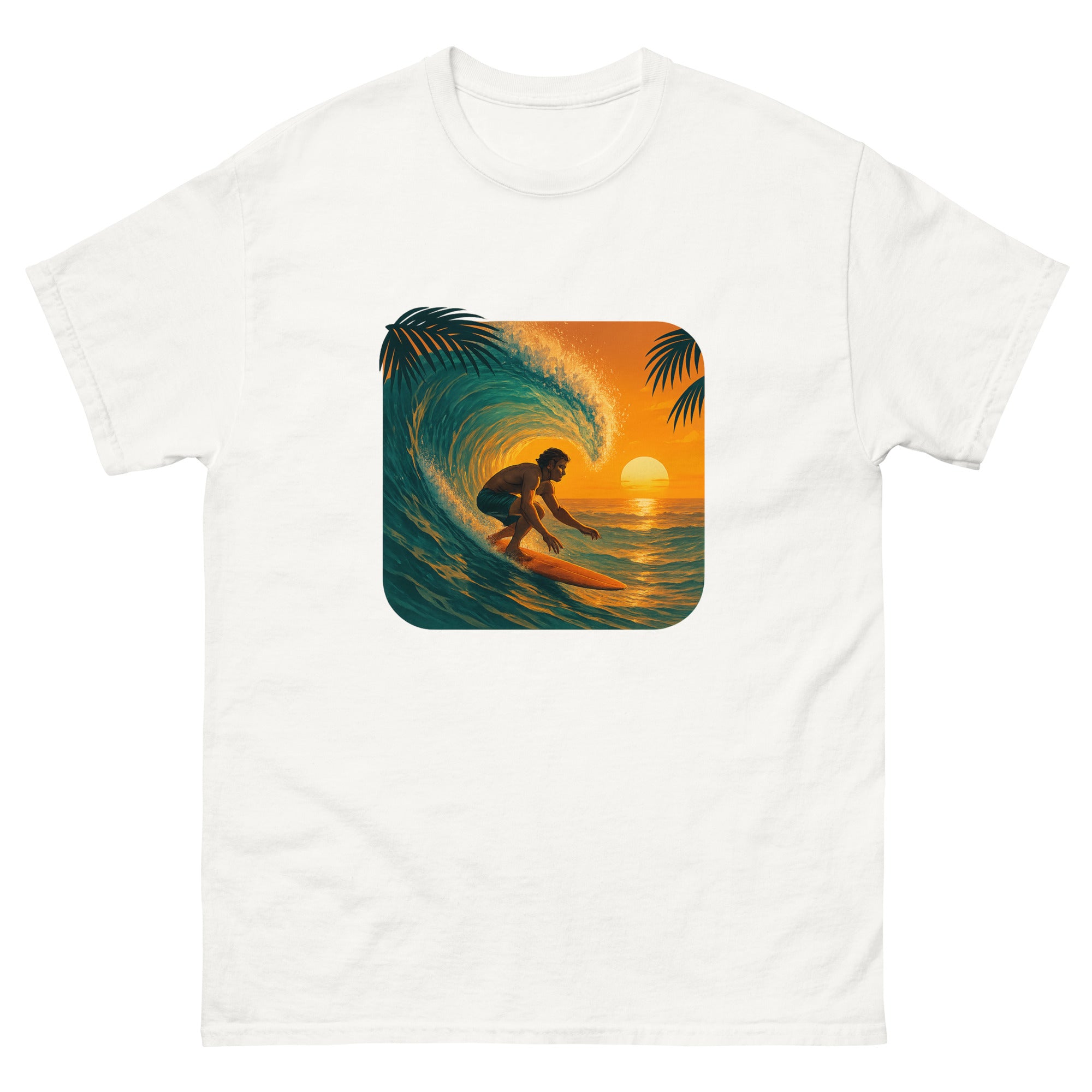 Golden Hour Surf Hawaiian t-shirt design on a White unisex tee