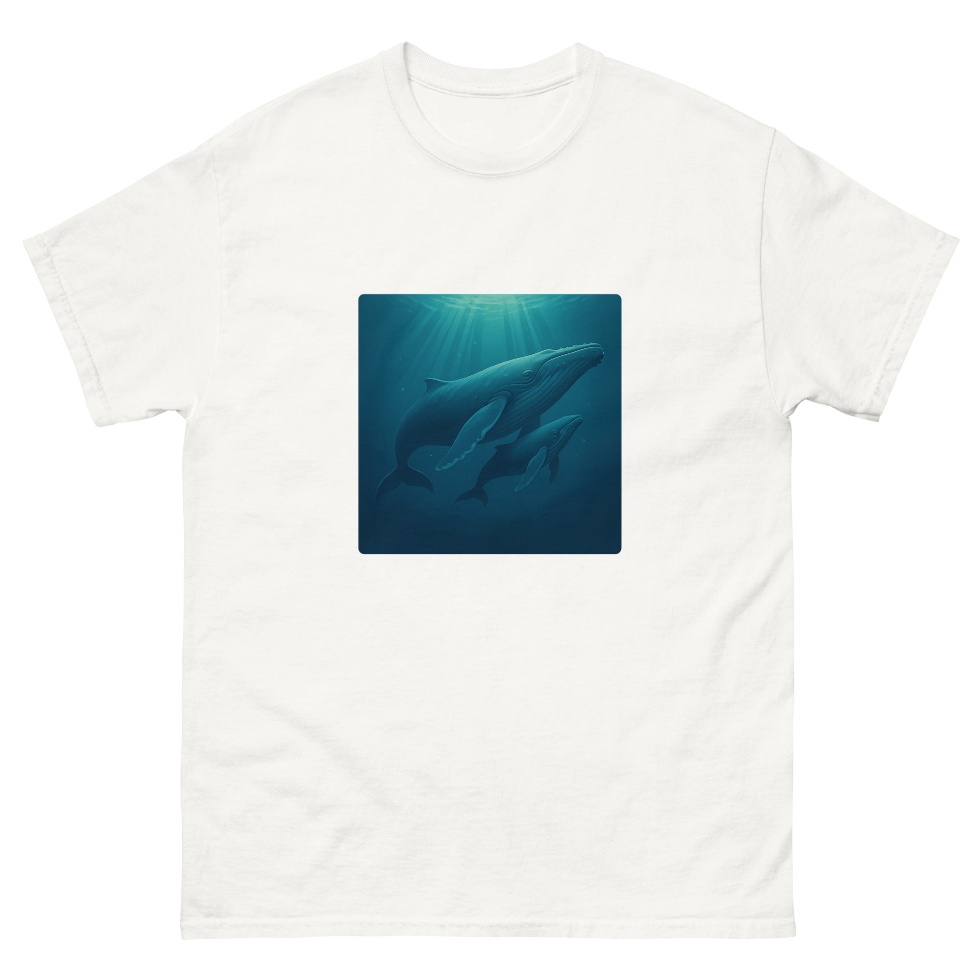 Humpback And Calf Hawaiian t-shirt design on a White unisex tee