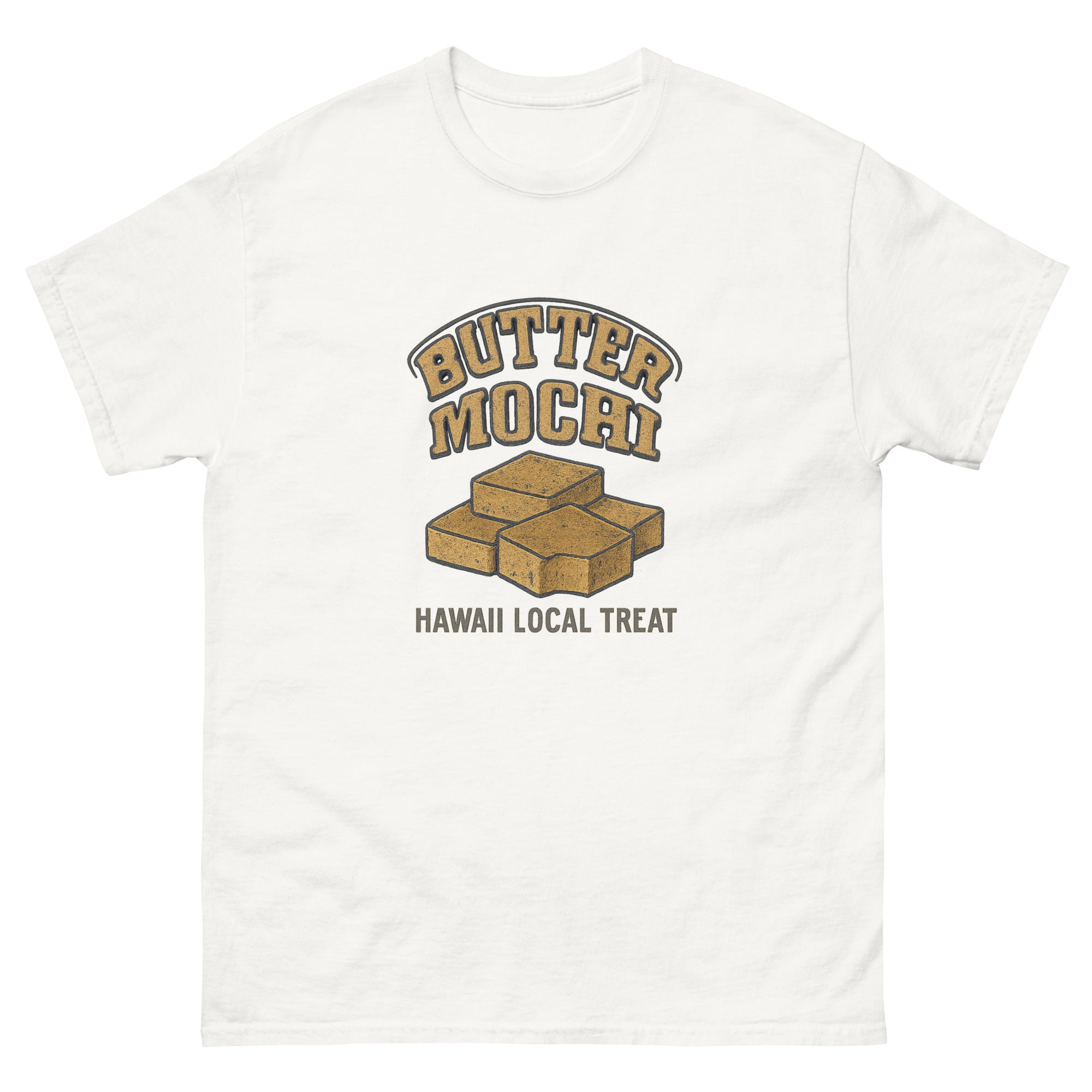 Butter Mochi Hawaiian t-shirt design on a White unisex tee