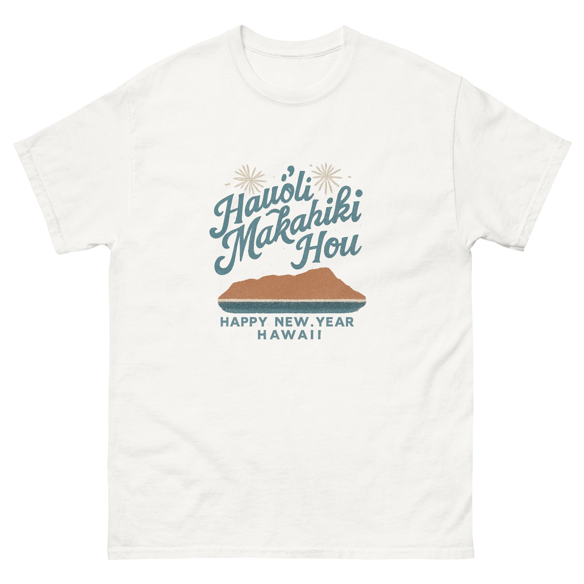 Hauoli Makahiki Hou Hawaiian t-shirt design on a White unisex tee