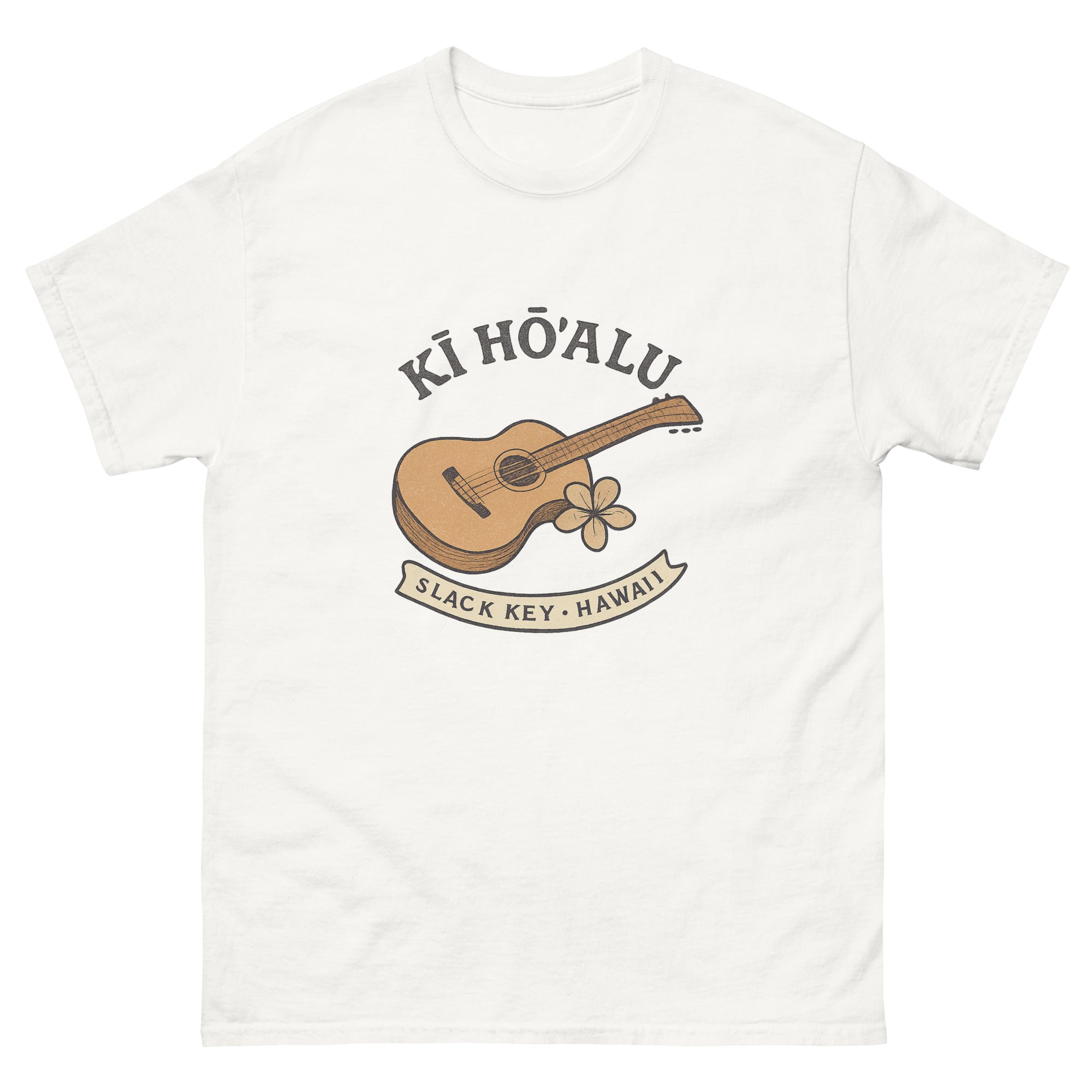 Slack Key Guitar Hawaiian t-shirt design on a White unisex tee