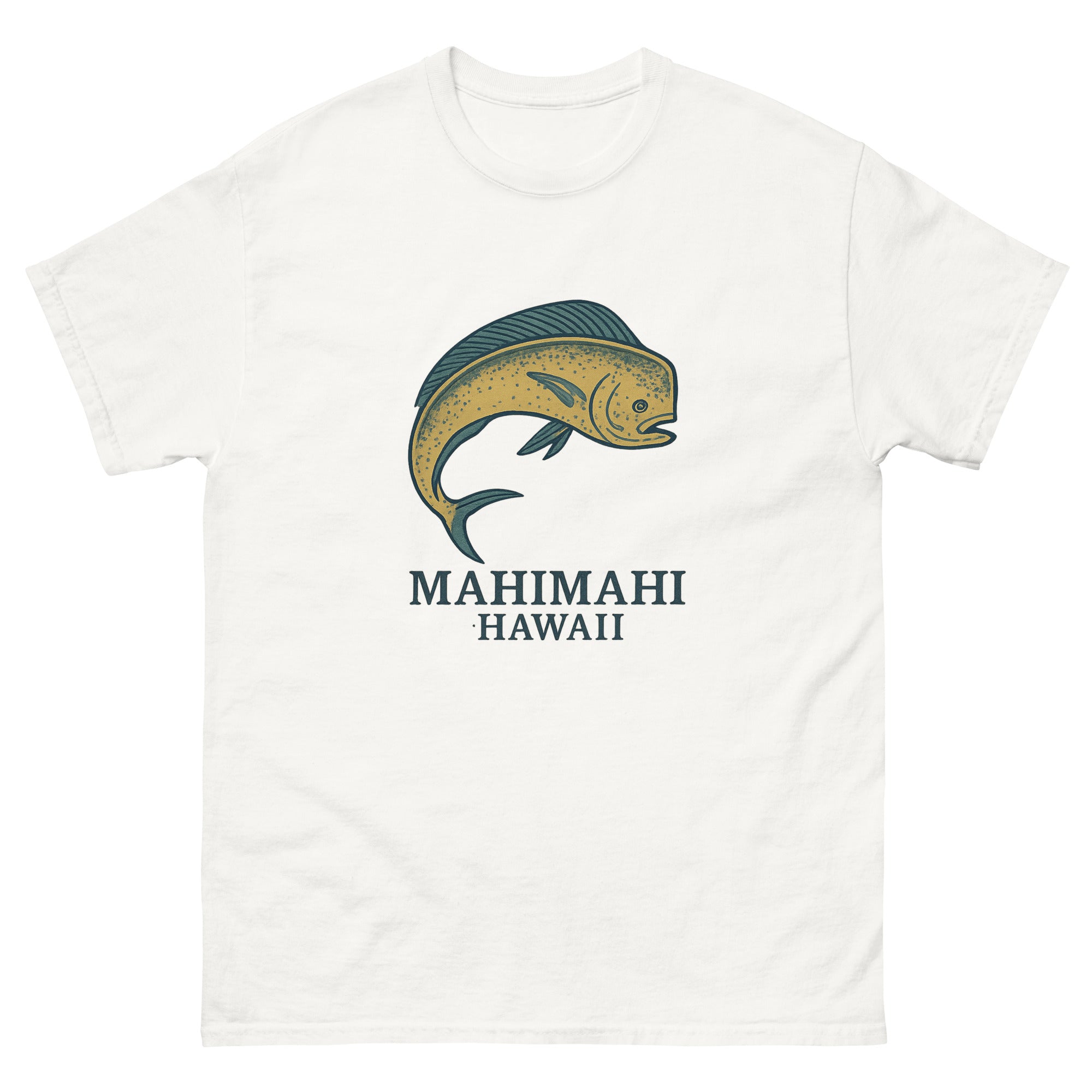 Mahimahi Hawaiian t-shirt design on a White unisex tee