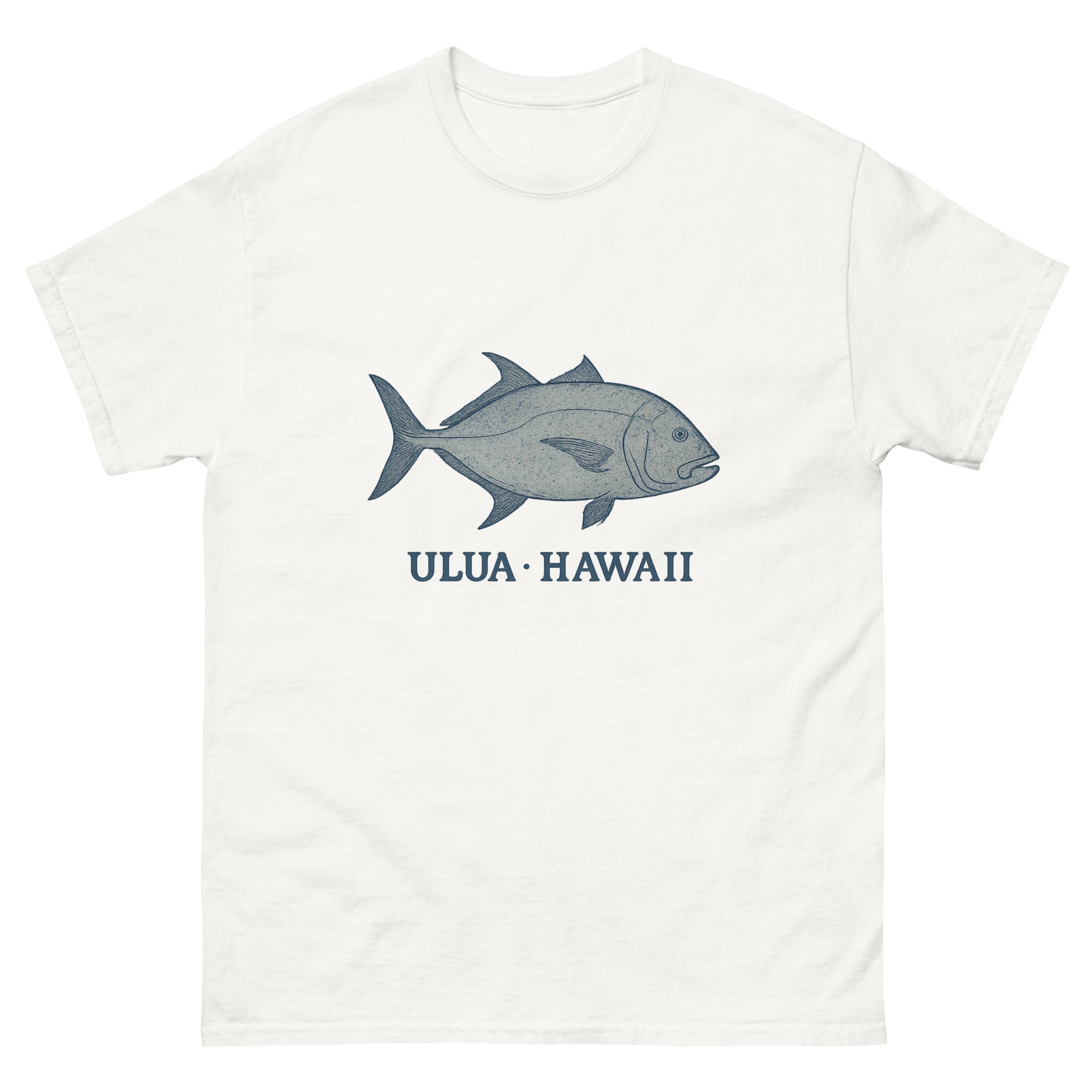 Ulua Hawaiian t-shirt design on a White unisex tee