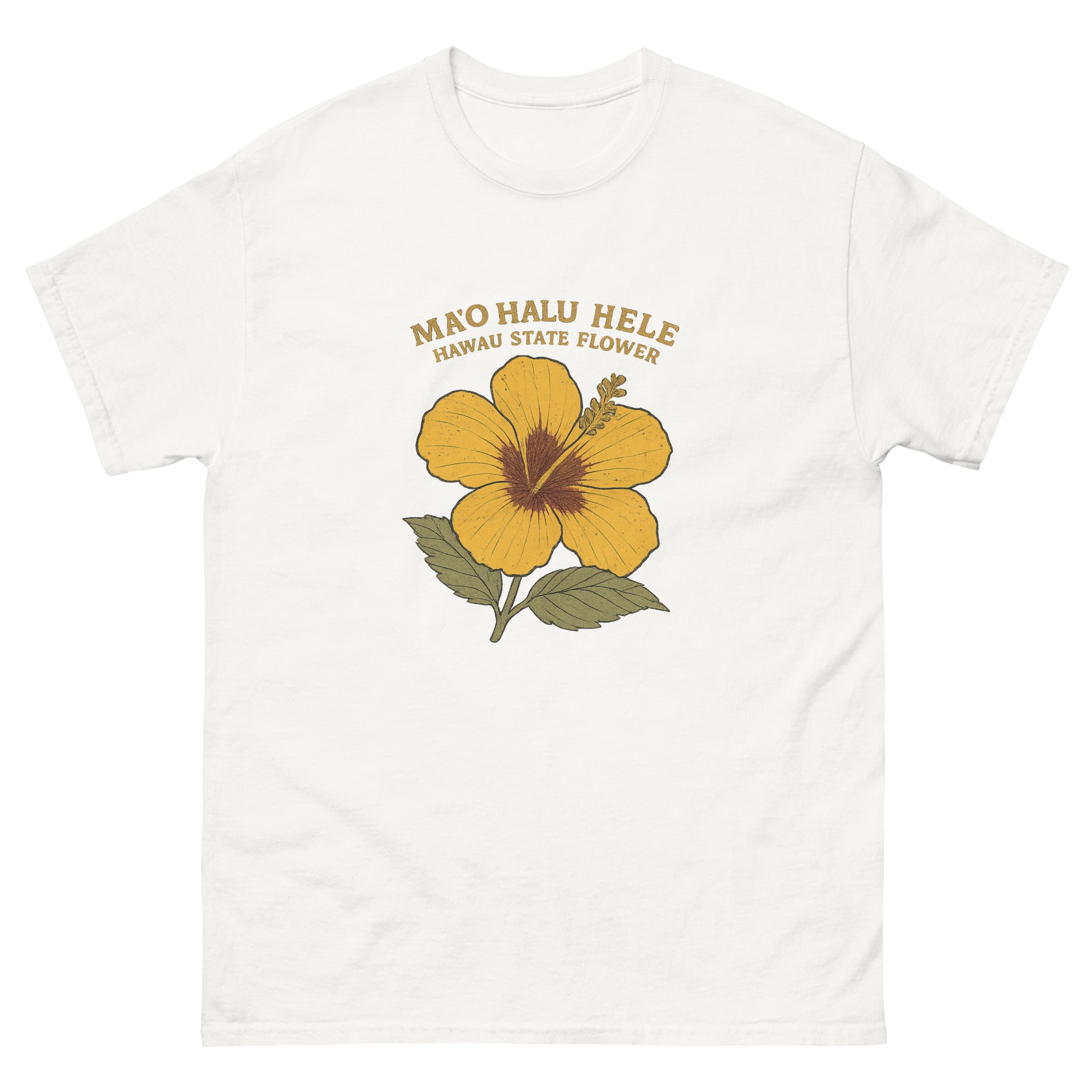 Yellow Hibiscus Hawaiian t-shirt design on a White unisex tee