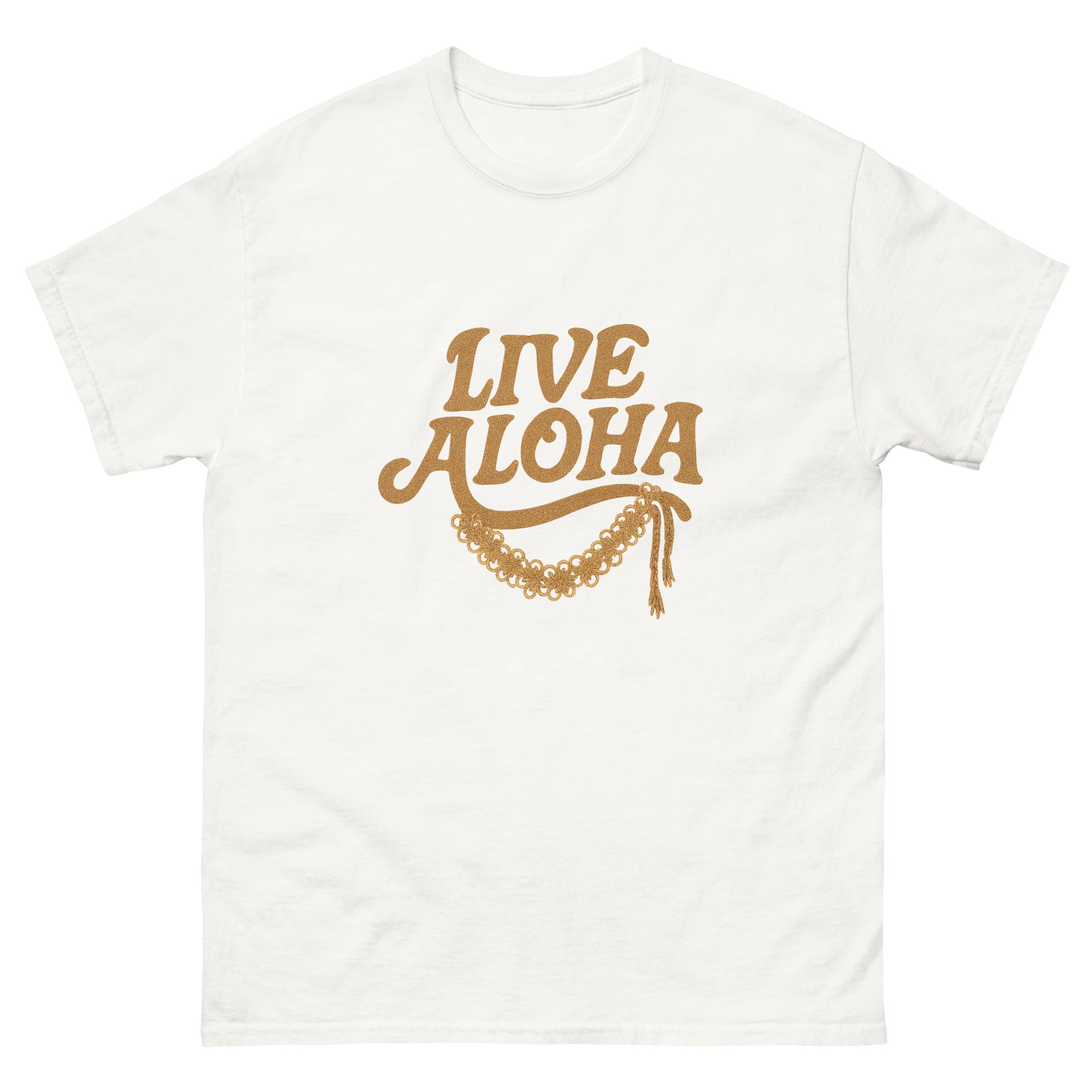 Live Aloha Hawaiian t-shirt design on a White unisex tee