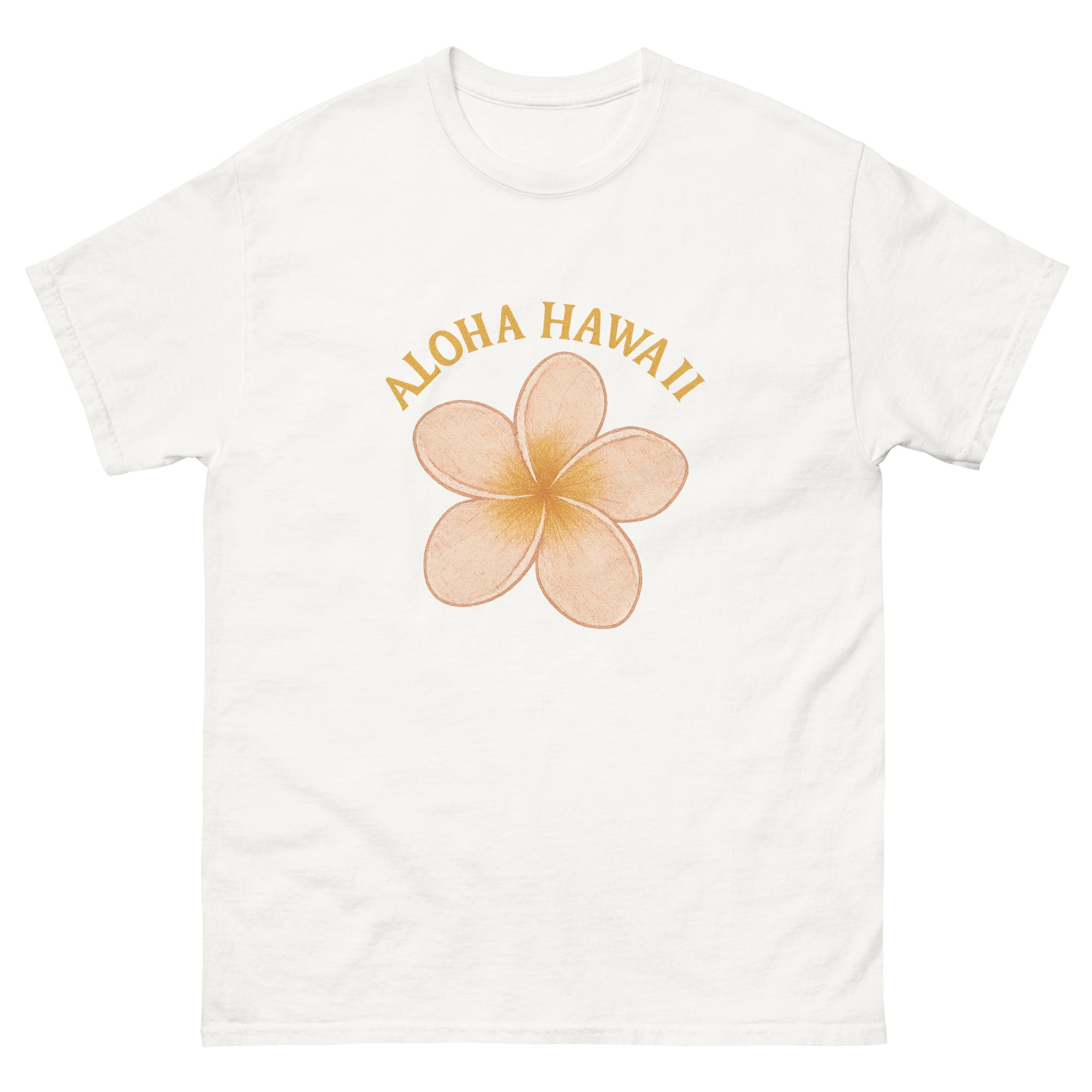 Plumeria Hawaiian t-shirt design on a White unisex tee