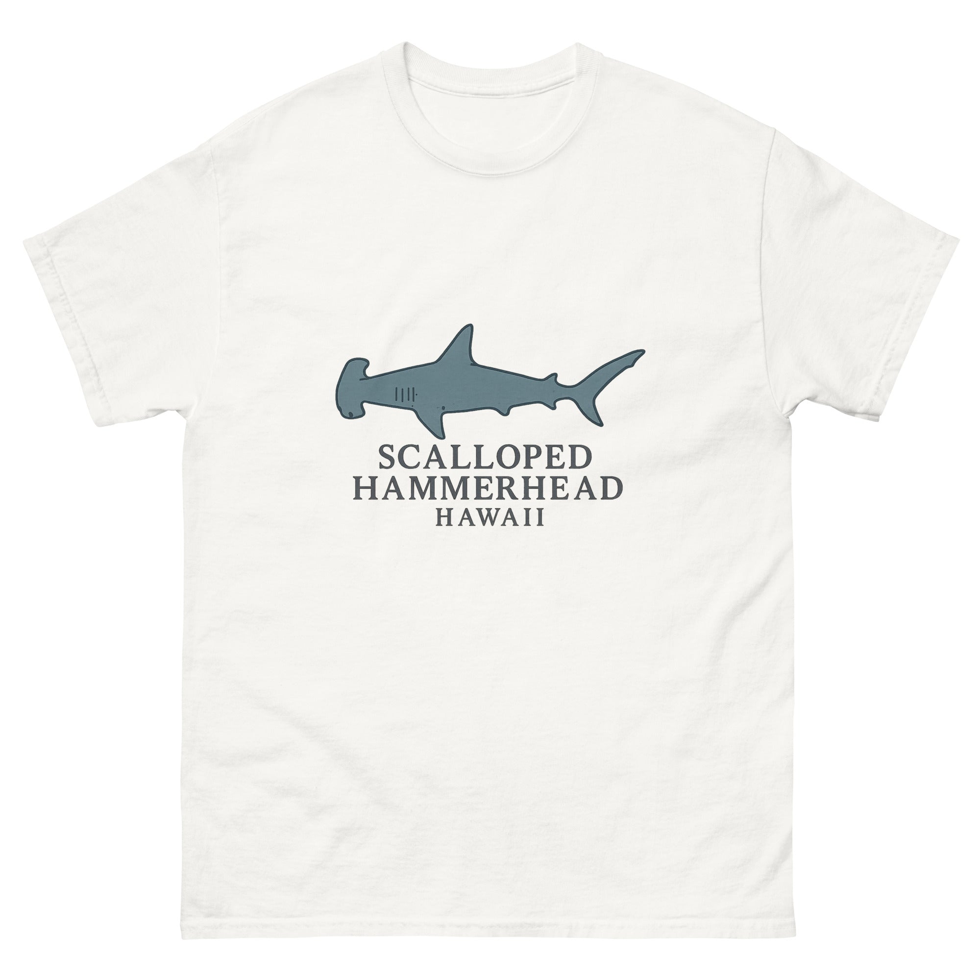 Hammerhead Shark Hawaiian t-shirt design on a White unisex tee