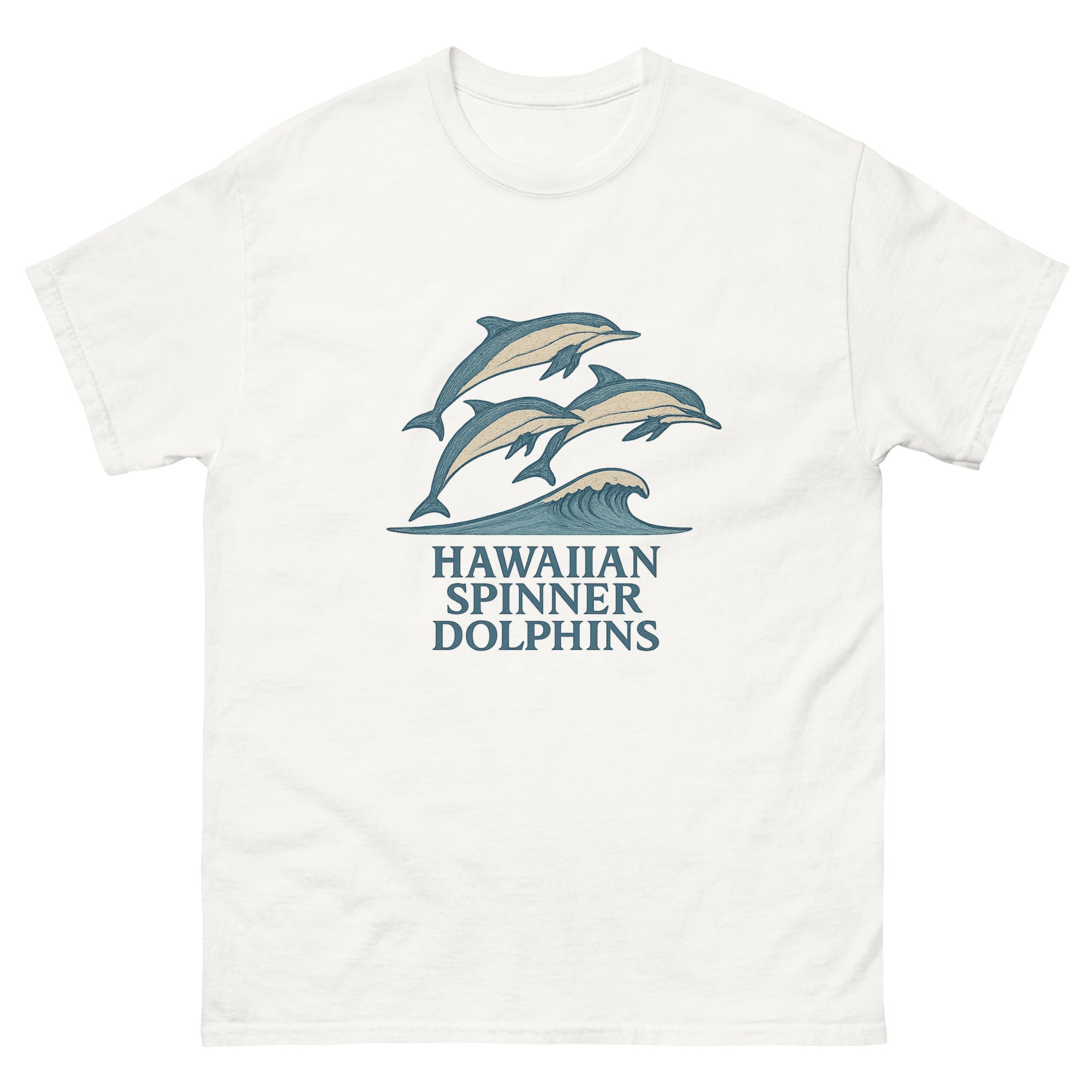 Spinner Dolphins Hawaiian t-shirt design on a White unisex tee