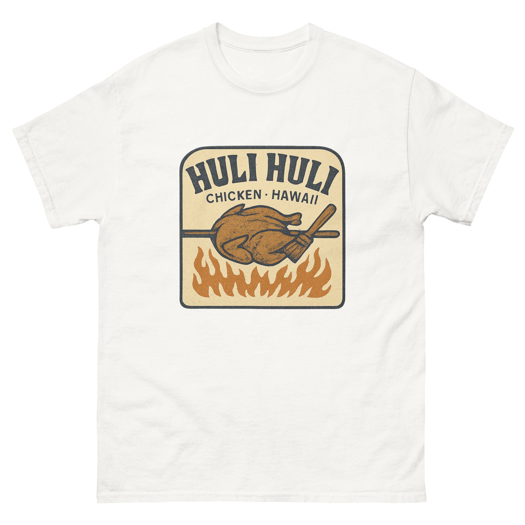 Huli Huli Chicken Hawaiian t-shirt design on a White unisex tee