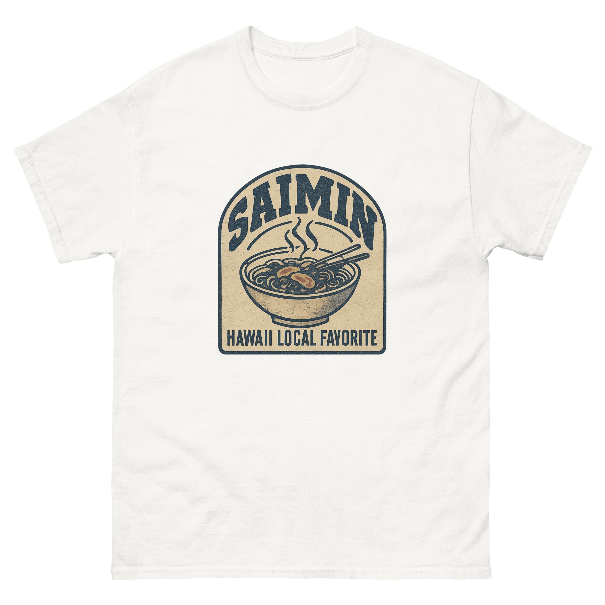 Saimin Hawaiian t-shirt design on a White unisex tee