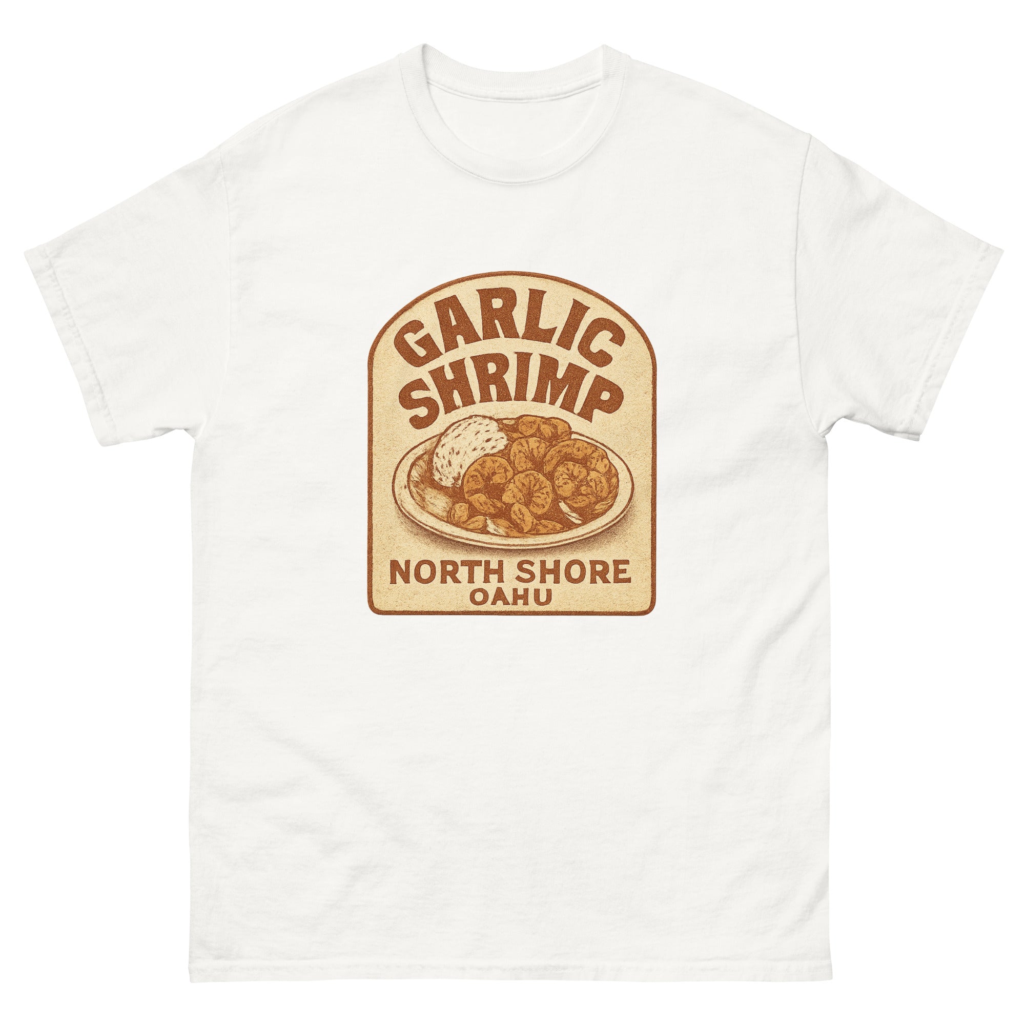 Garlic Shrimp Truck Hawaiian t-shirt design on a White unisex tee