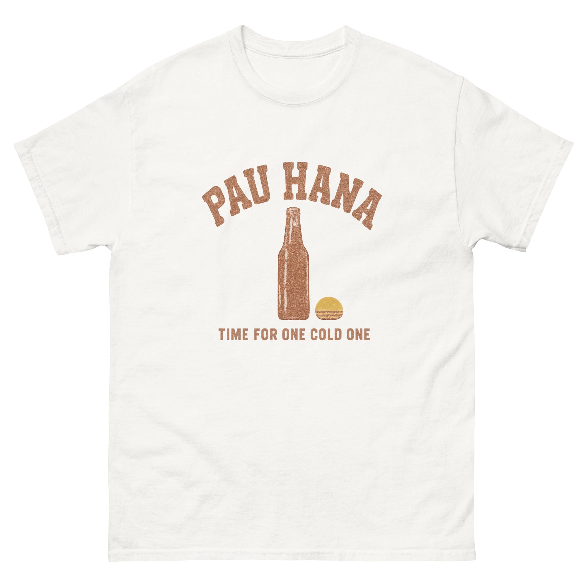 Pau Hana Hawaiian t-shirt design on a White unisex tee