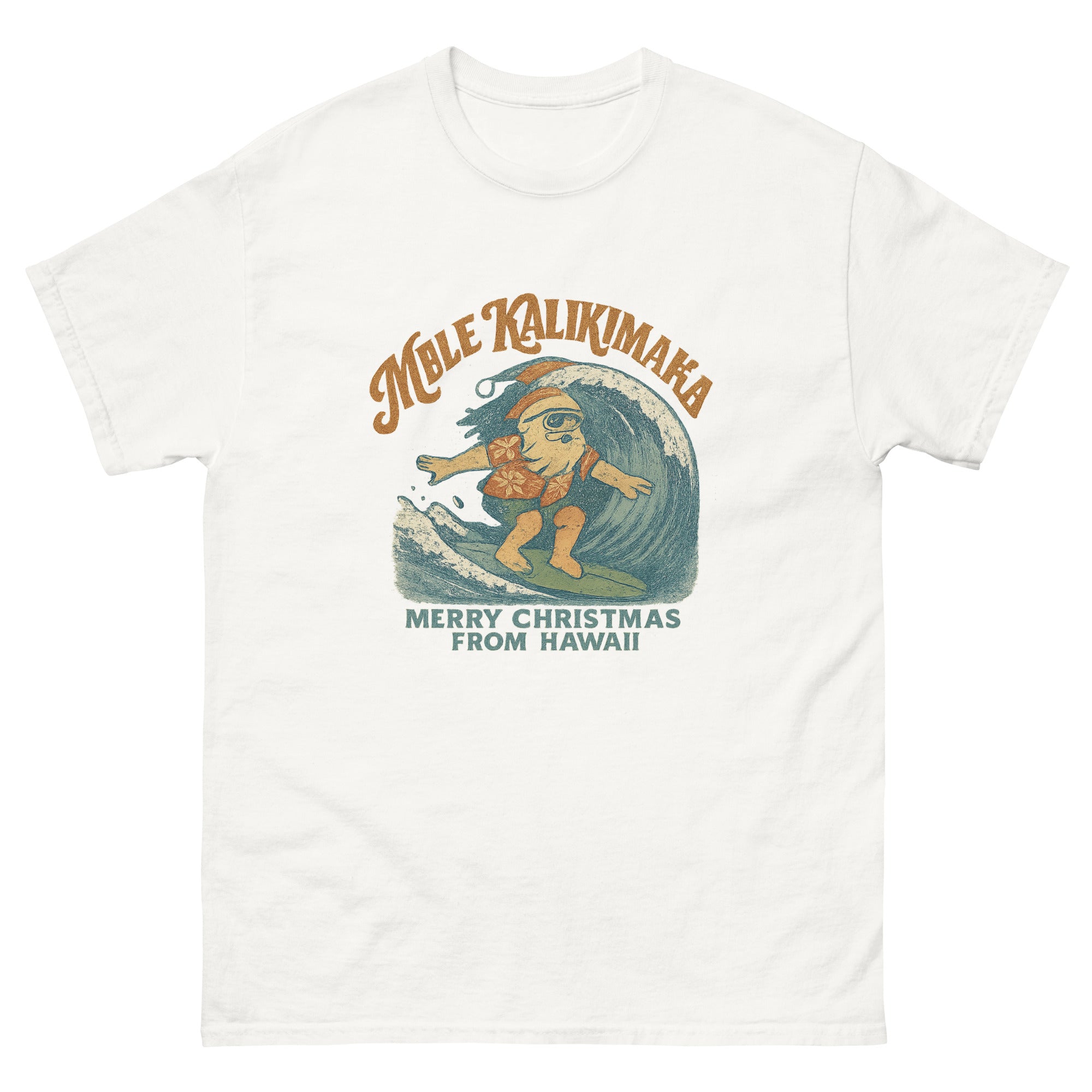 Mele Kalikimaka Hawaiian t-shirt design on a White unisex tee