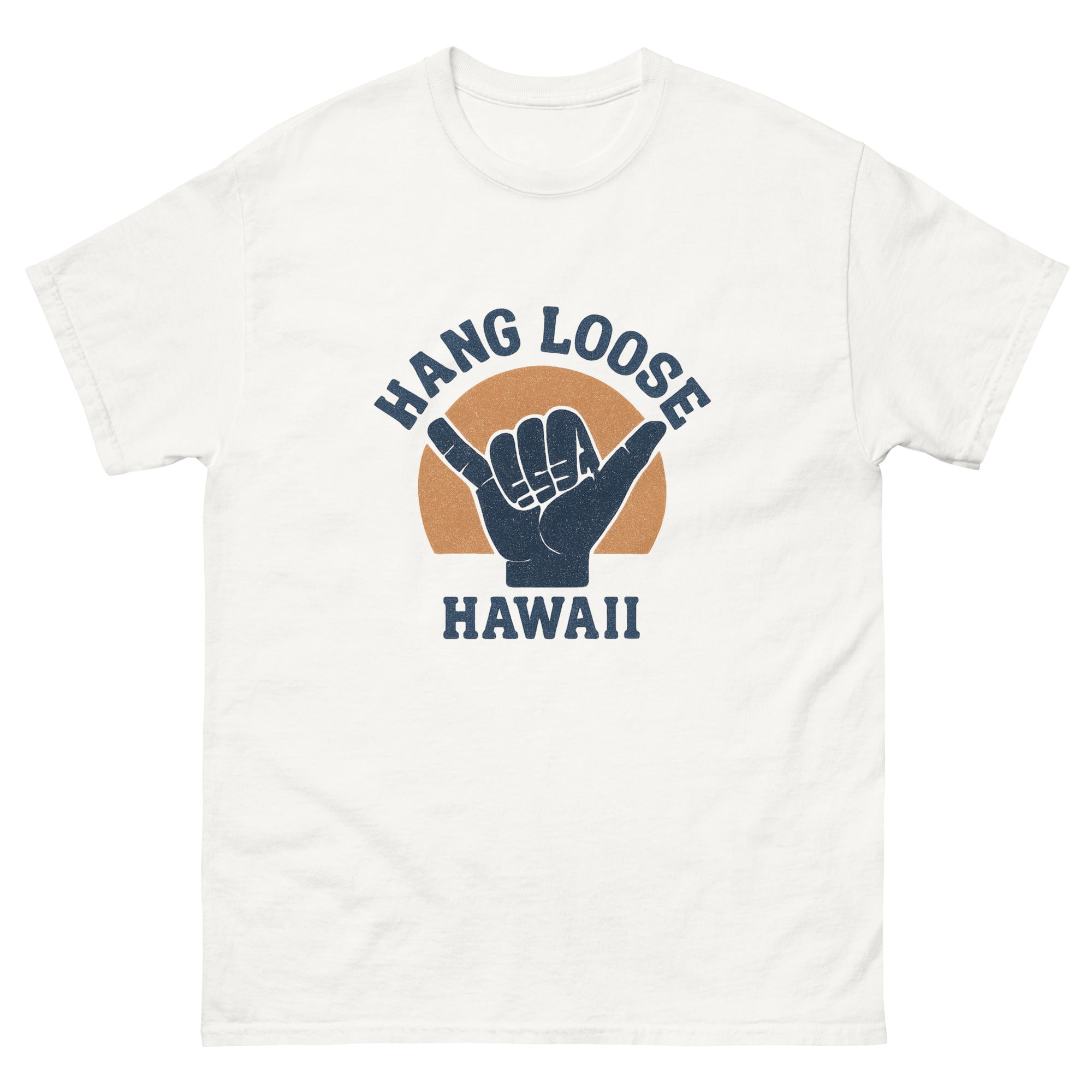 Hang Loose Shaka Hawaiian t-shirt design on a White unisex tee