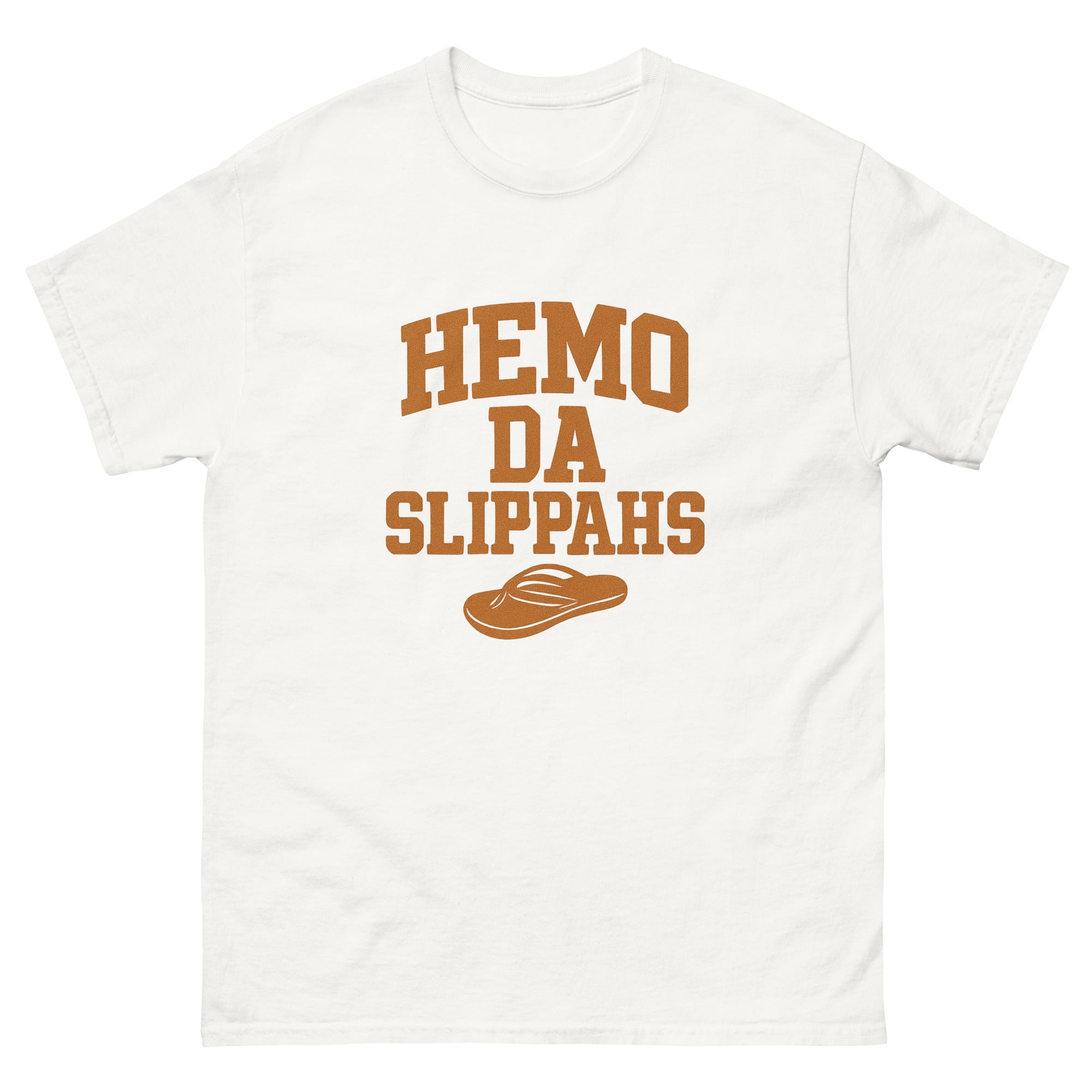Hemo Da Slippahs Hawaiian t-shirt design on a White unisex tee