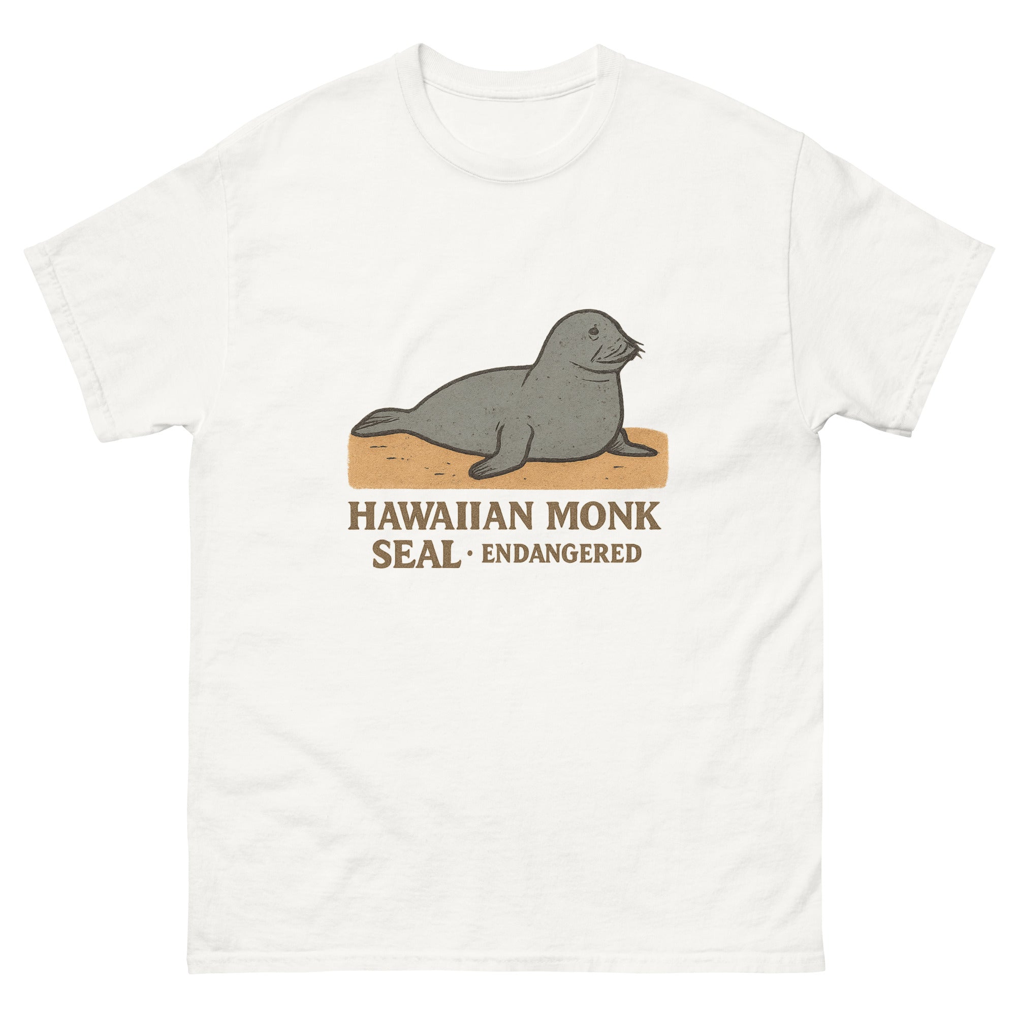 Monk Seal Hawaiian t-shirt design on a White unisex tee