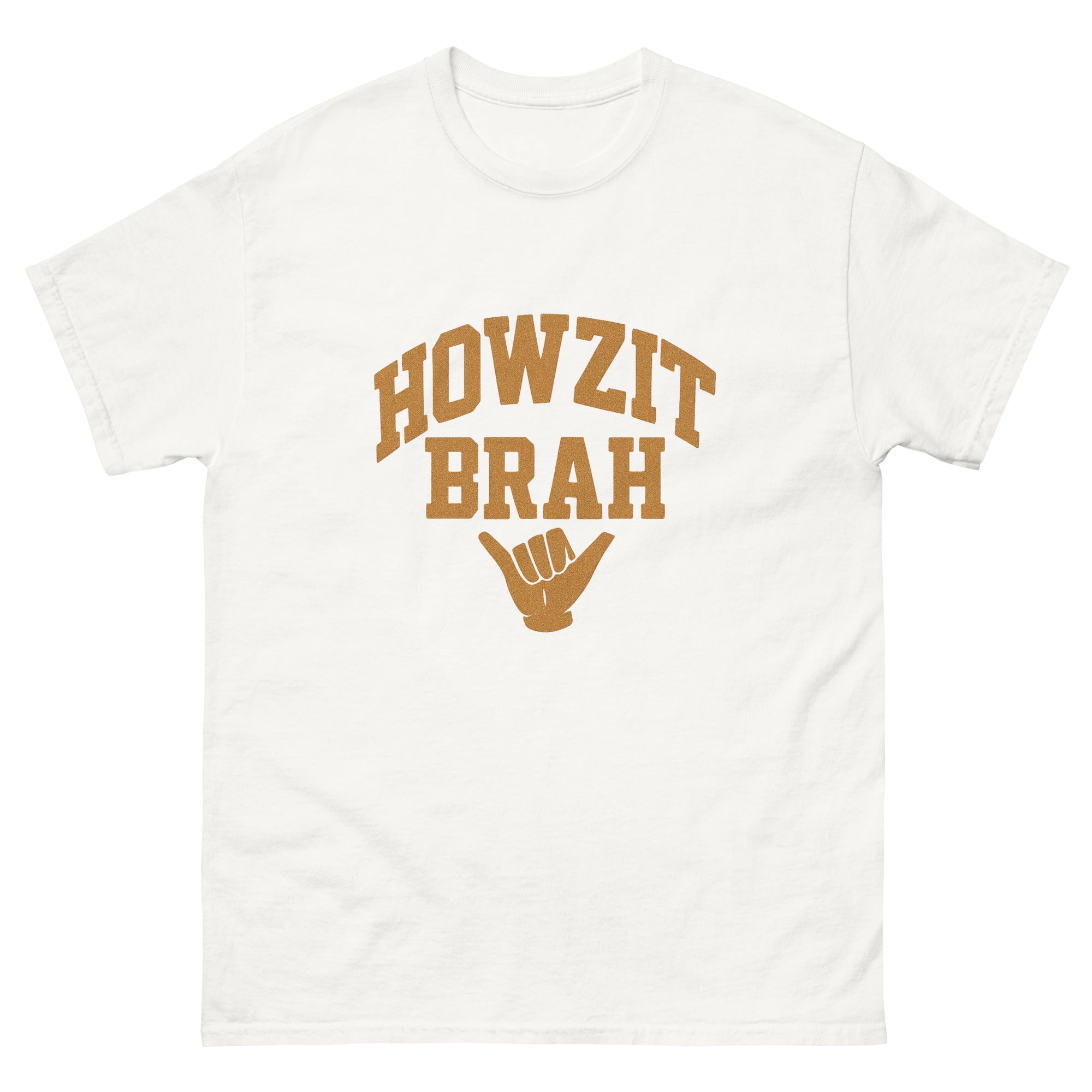 Howzit Brah Hawaiian t-shirt design on a White unisex tee