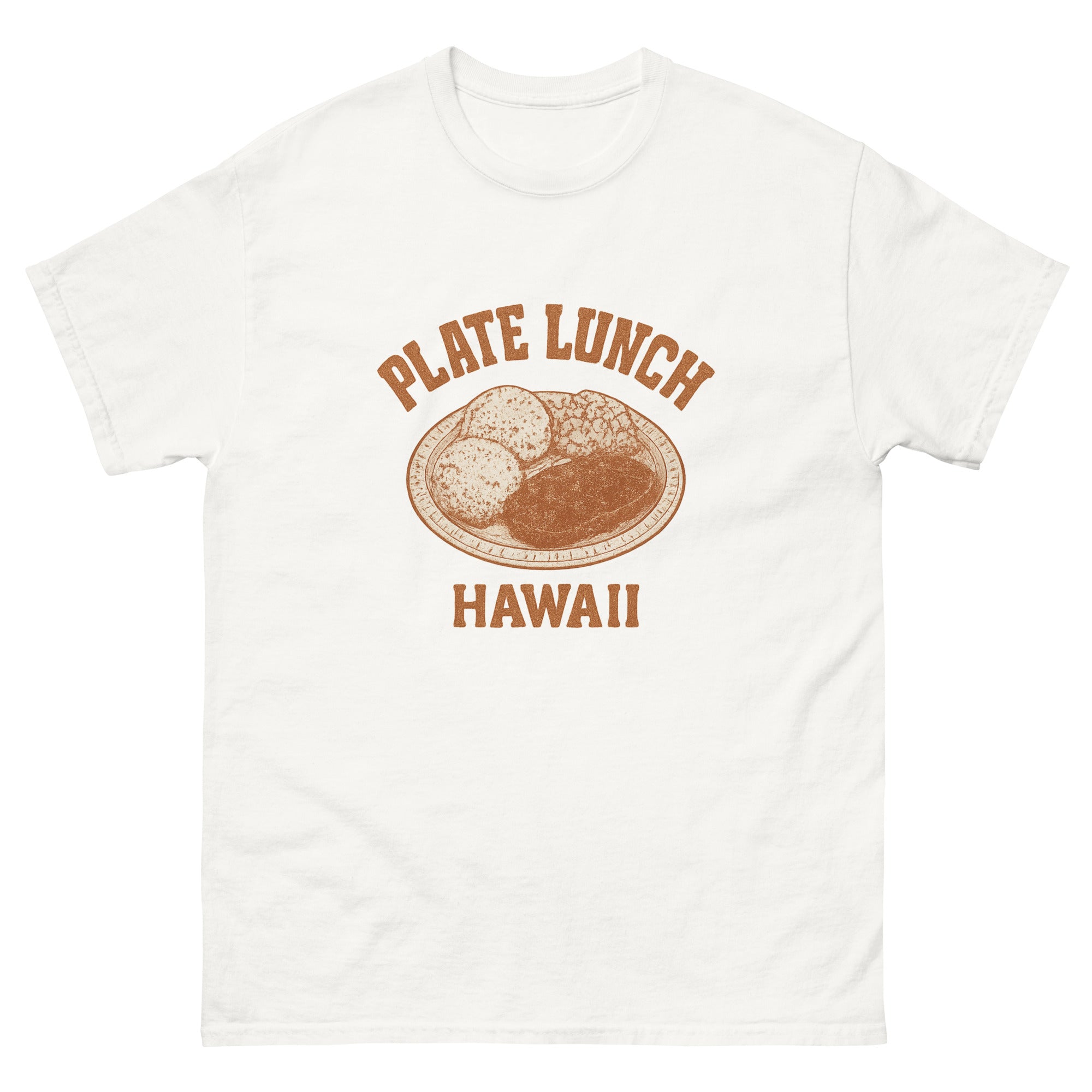 Plate Lunch Hawaiian t-shirt design on a White unisex tee