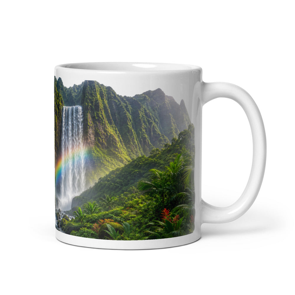 Rainbow Waterfall Hawaiian coffee mug — tropical Hawaii ceramic mug, 11oz and 15oz